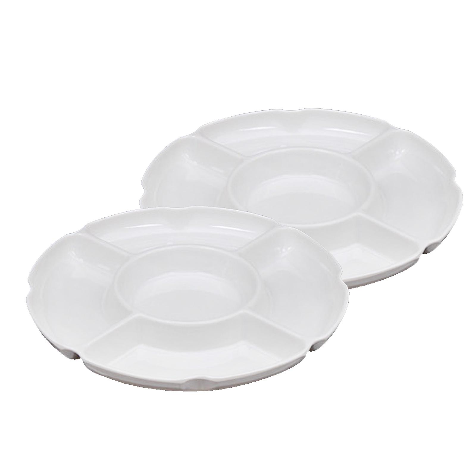 Round Divided Snack Serving Plate Tray 2 Pcs White 5 Compartments