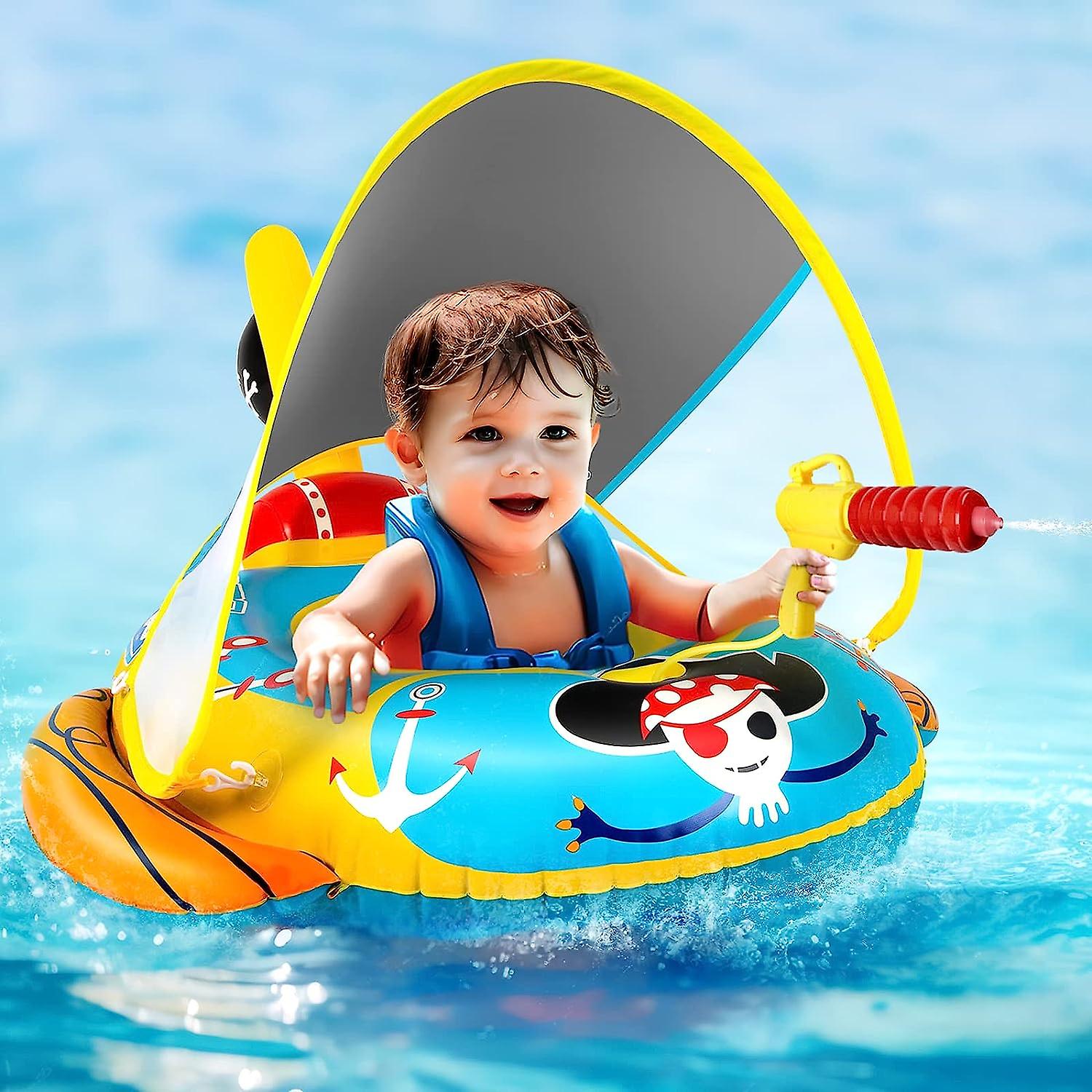 Thicken Pool Floats Kids with Water Gun, UPF50+ Adjustable Canopy