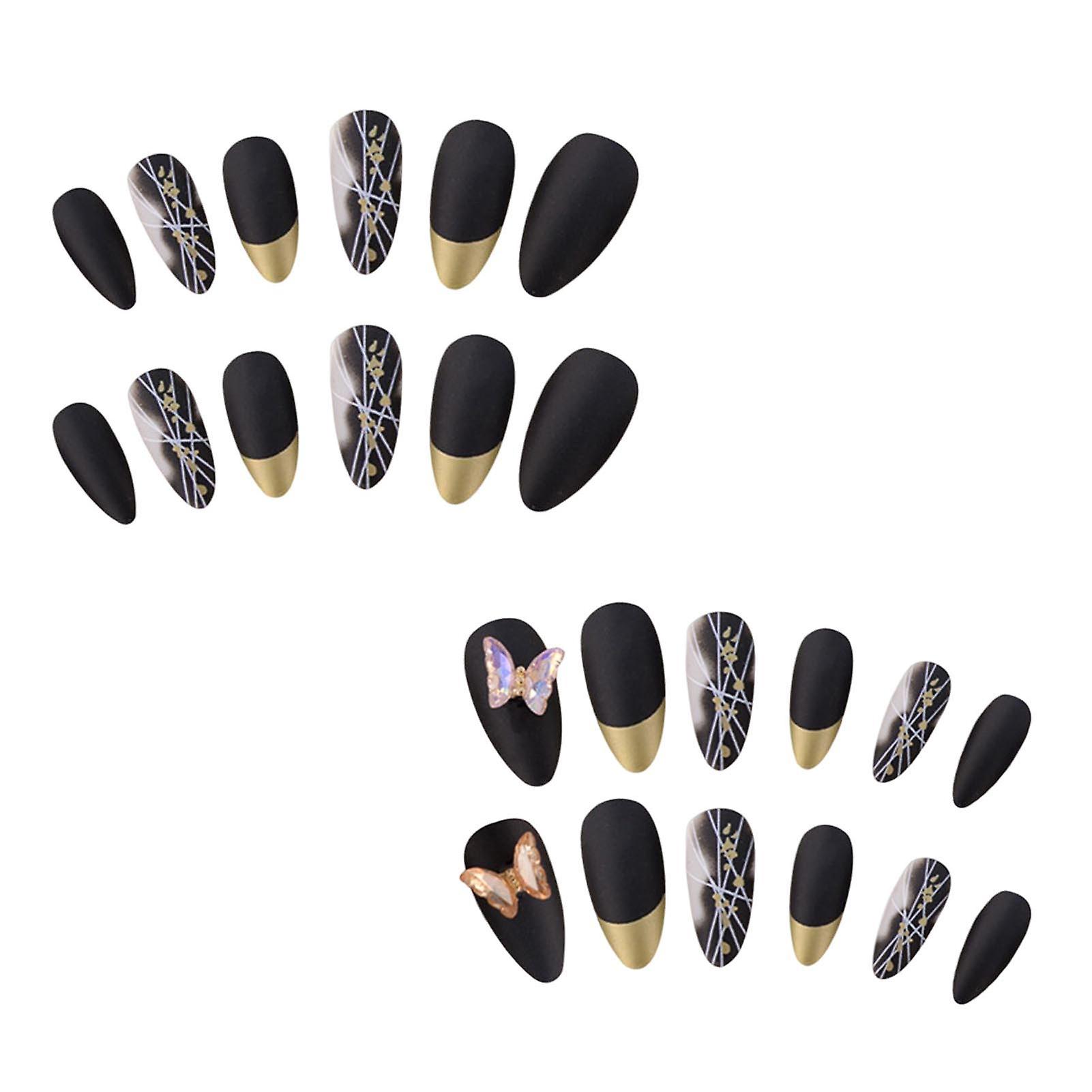 Black Frosted Almond Medium Fake Nails Thin Full Cover Nail Ornament For Fingernail Diy At-home