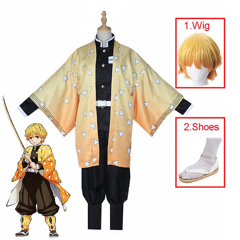 Anime Mostra Cartone animato Personaggio Cosplay Costume Demon Slayer Kimetsu no Yaiba Agatsuma Zenitsu Cosplay Puntelli Kimono Parrucca