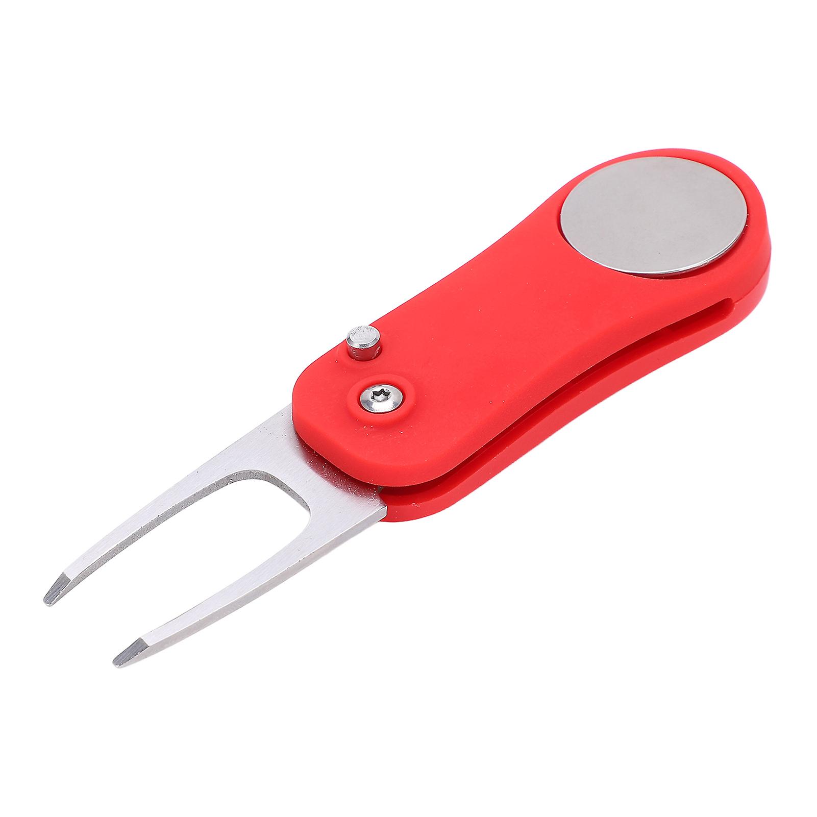 Foldable Golf Divot Repair Tool with  Marker Golf Green Fork and Pop Up ButtonRed