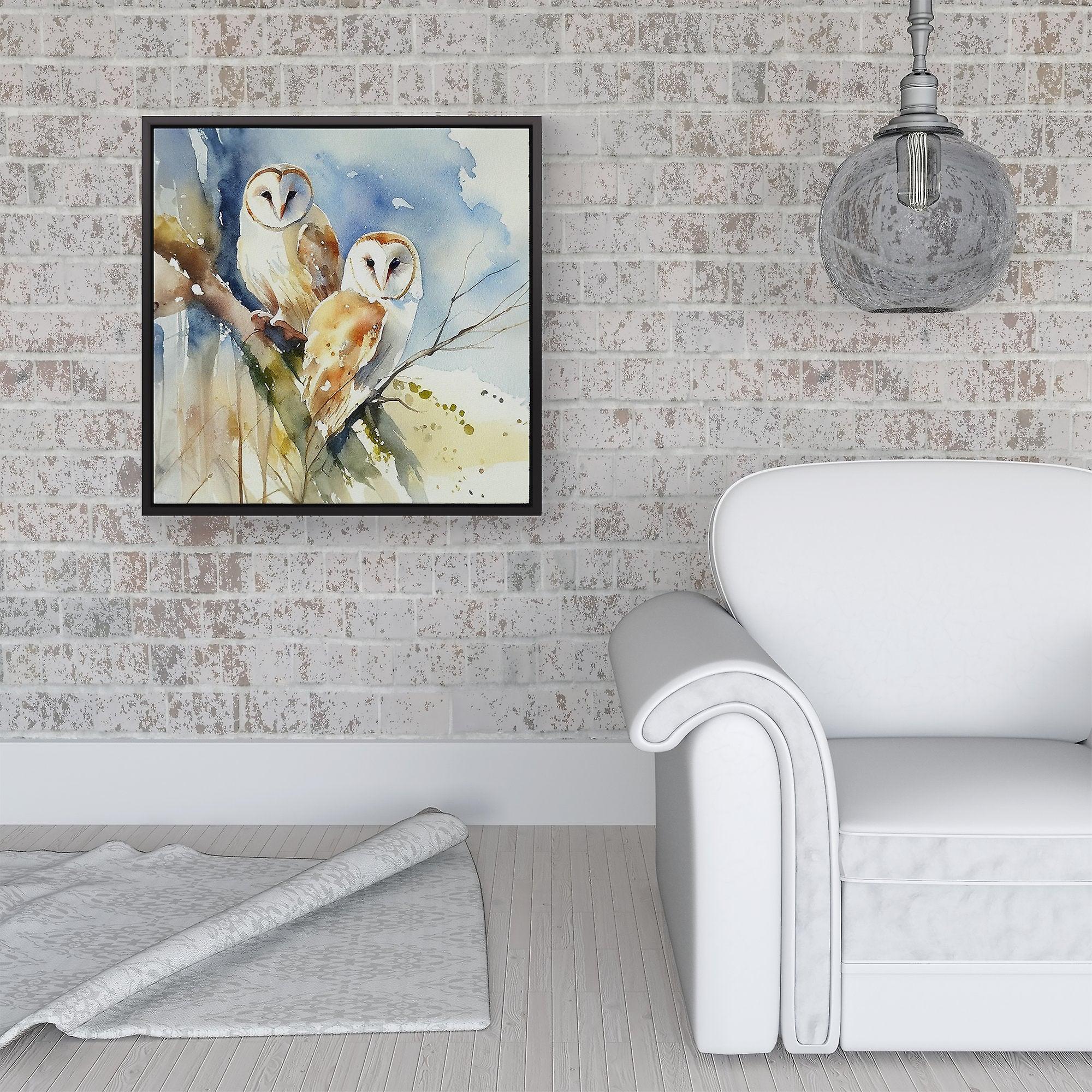 Barn Owls Watercolour Framed Canvas
