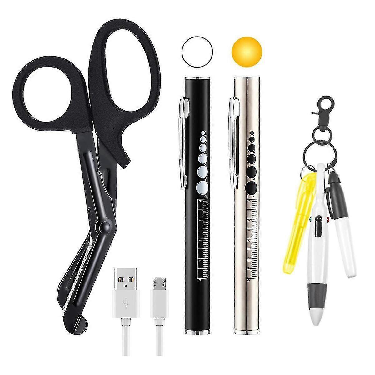 6 Pack Nurse Tools Set, 2 Rechargeable LED Pen Lights with Two Sources and Pupil Gauge, One 6 Inch Trauma Bandage Shear