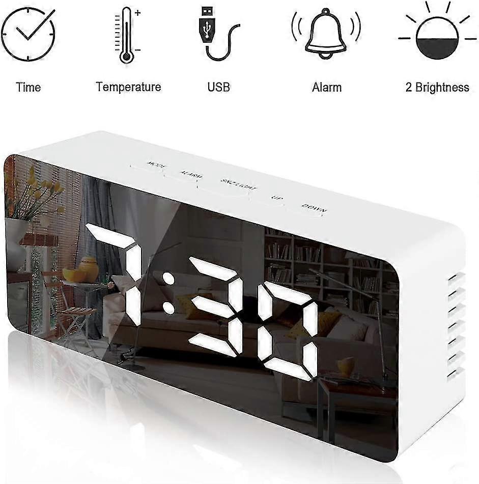 Digital Mirror Alarm Clock With Temperature Led Display Snooze Time Adjustable Brightness