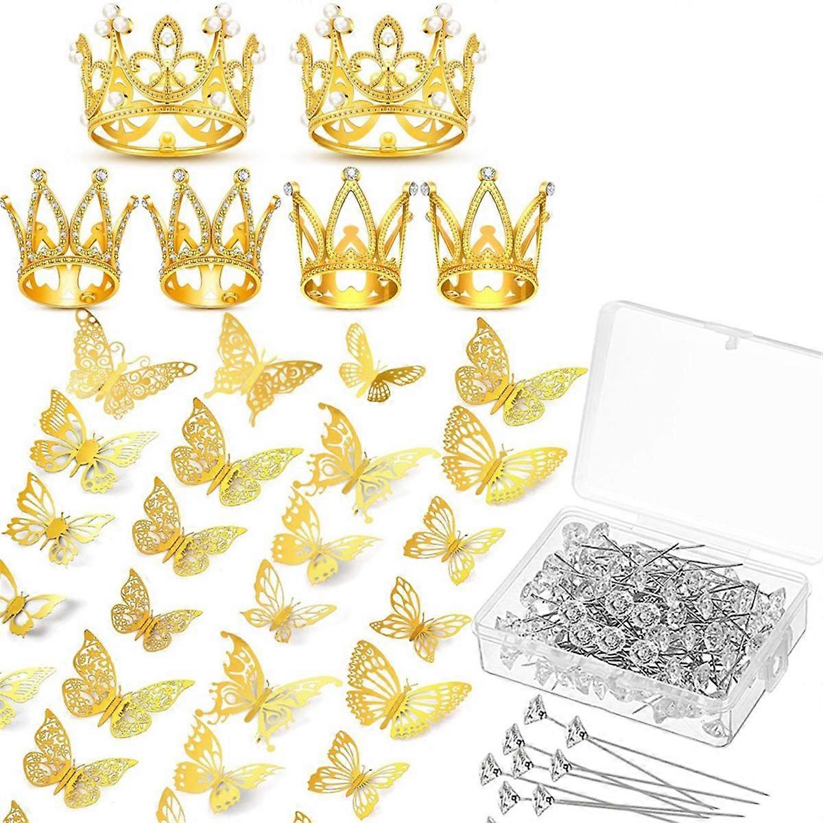 166 pcs Couronne décor pour bouquet de fleurs avec 6 couronne gâteau topper 100 corsage épingles 60 papillons Gol