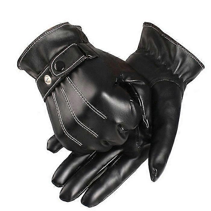 Gloves men winter leather black gloves button warm mittens luxurious pu leather driving men's genuine