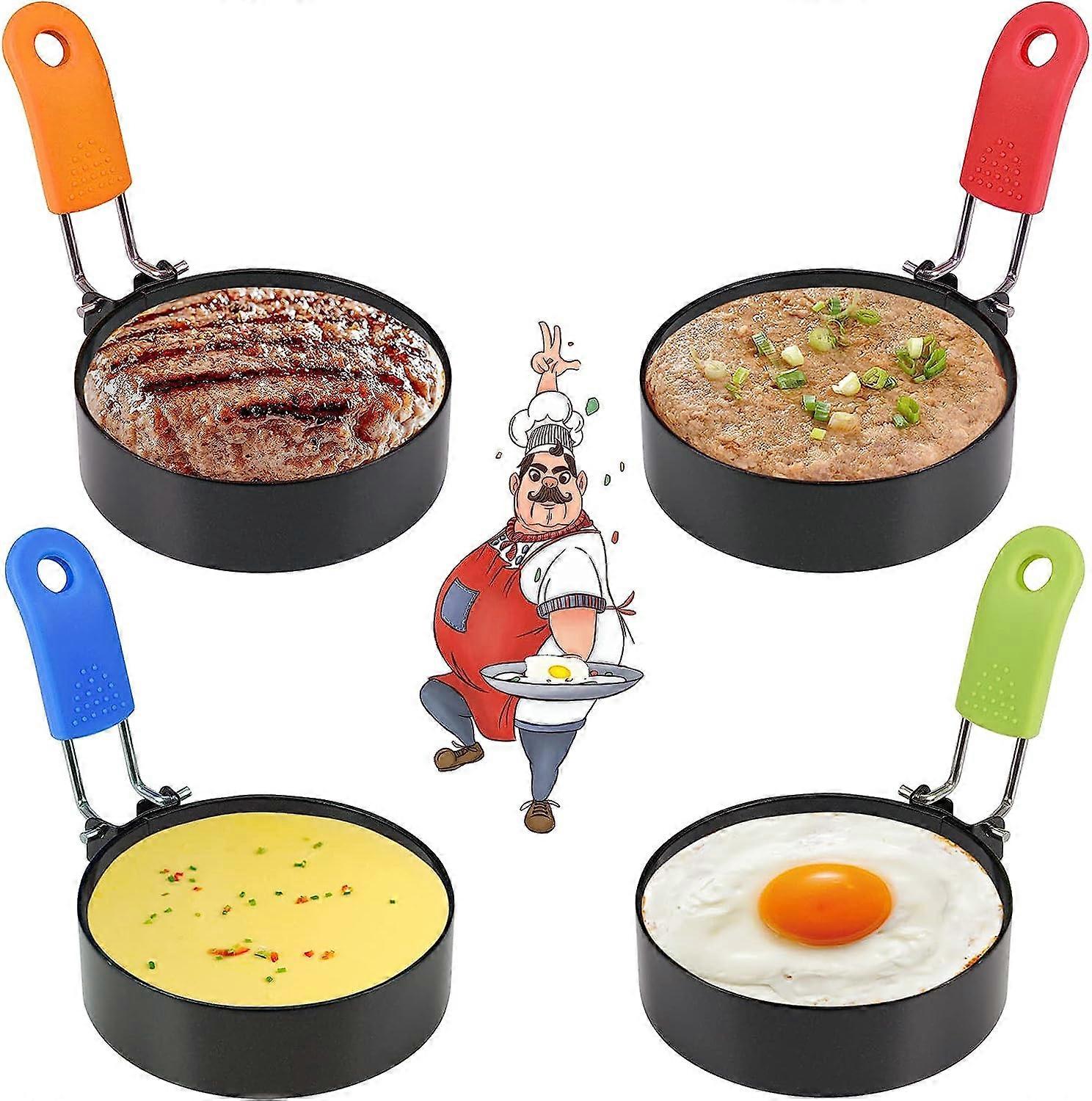 Set of 4 Stainless Steel Egg Rings, Non-Stick Fried Egg Mold, Egg Mold with Heat Protected Folding Handles, for Cooking Fried Egg Pancakes Omelettes