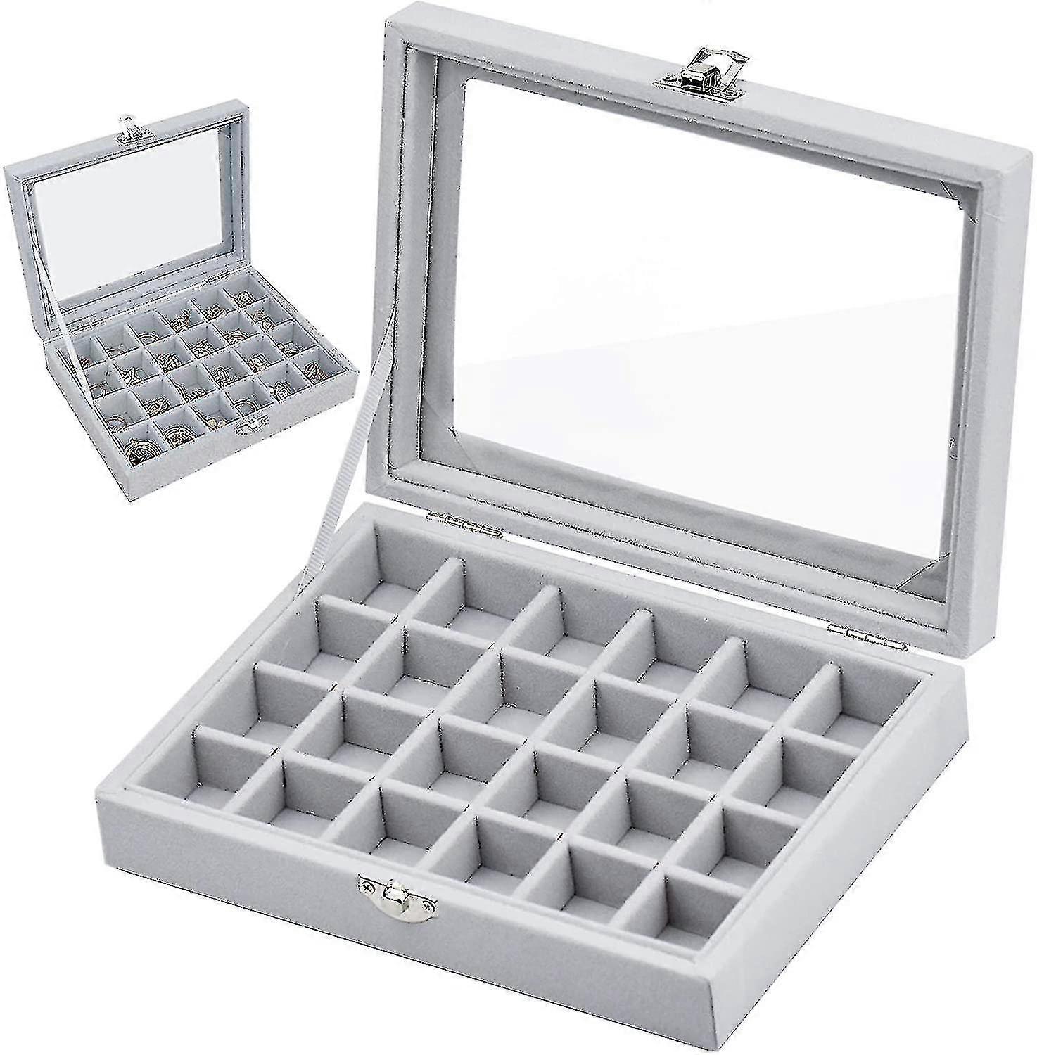 24コンパートメント付きジュエリーボックス、ジュエリーチェスト、透明ガラス付きディスプレイ