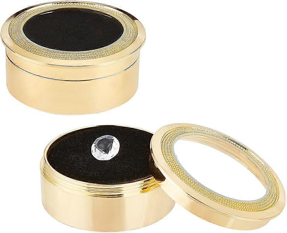 Alloy Loose Diamond Boxes Flat Round with Clear Glass Window and Sponge Inside for Jewelry Cabochons Displays Golden 4x1.75cm