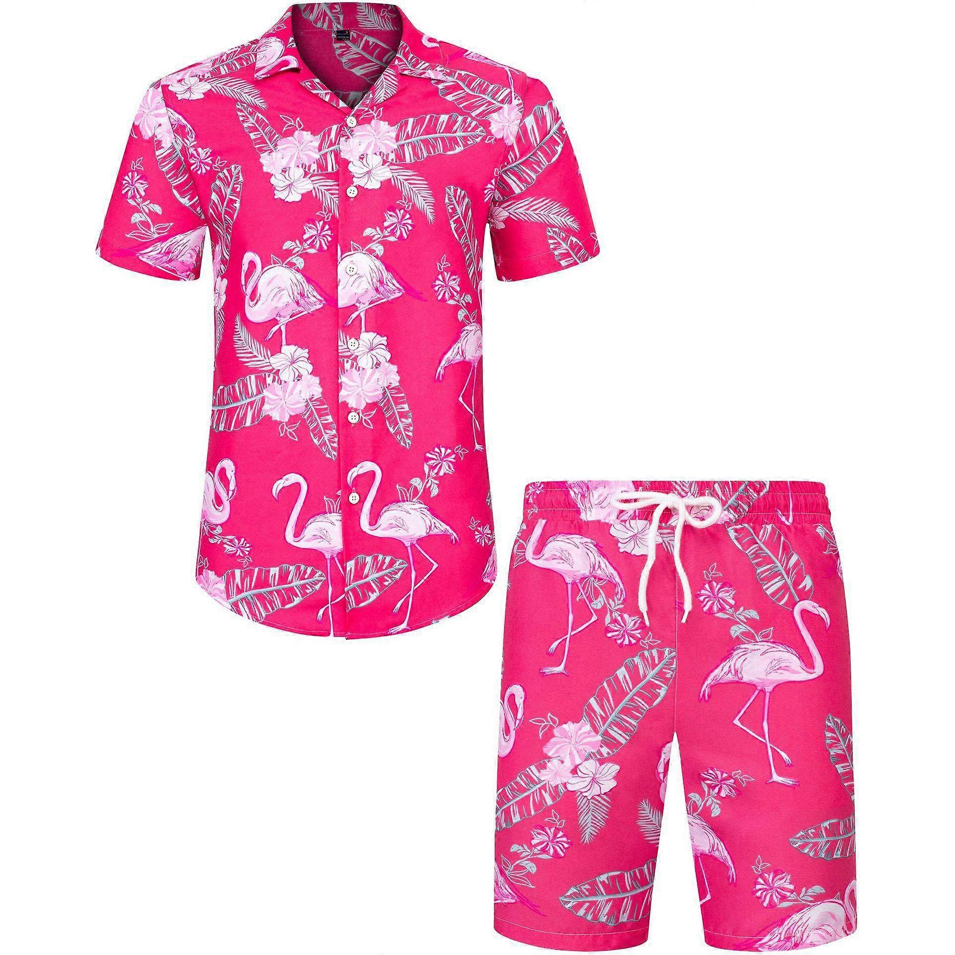 Mens Hawaiian Shirt and Shorts Set Beach Flamingo Hawaiian Shirt Set