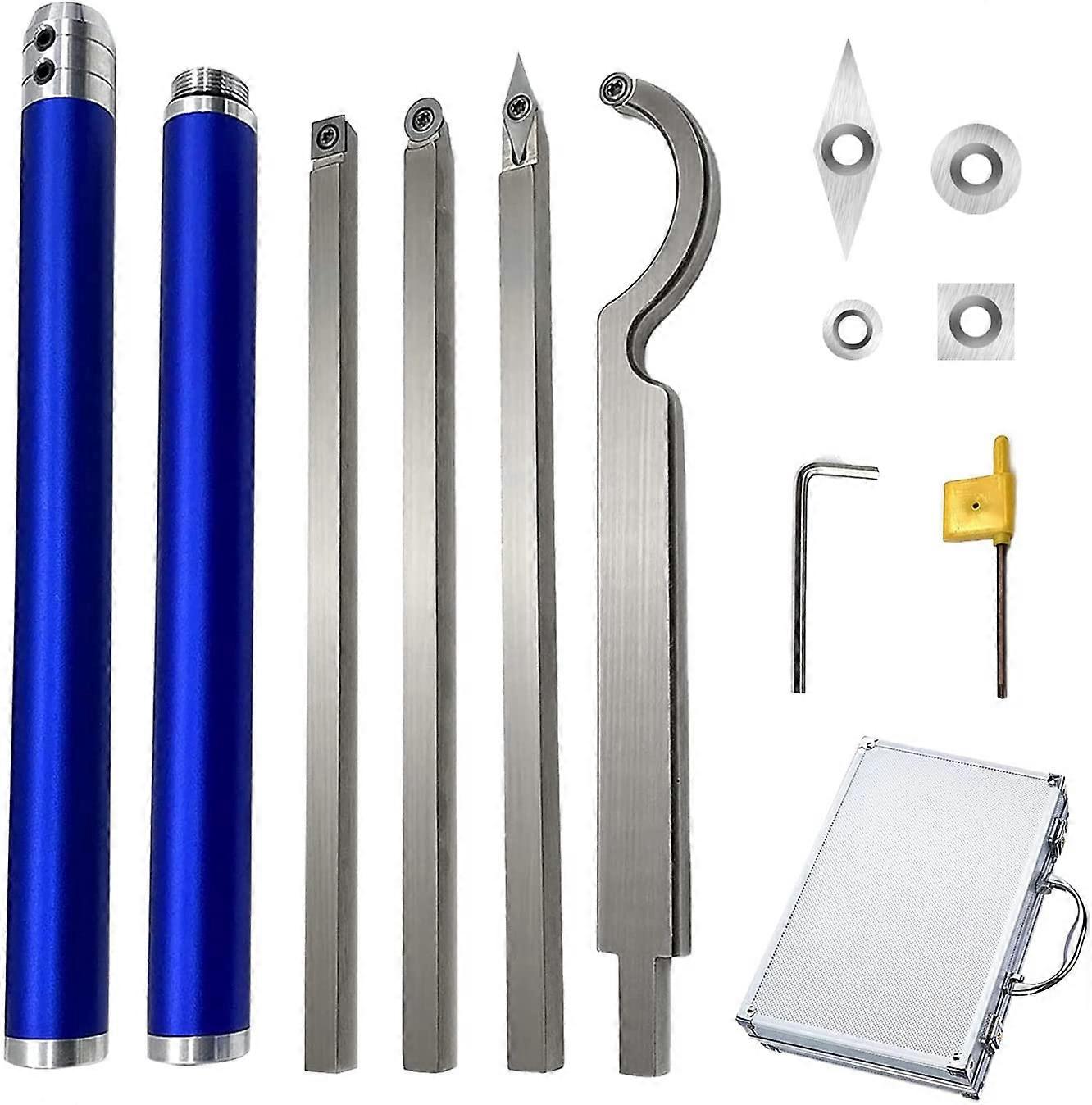 Carbide Wood Lathe Tools with 4 Extra Blades,Wood Turning Tools Carbide Tipped Lathe Rougher Finisher Swan Neck Hollowing Tools and Grip Handle with D