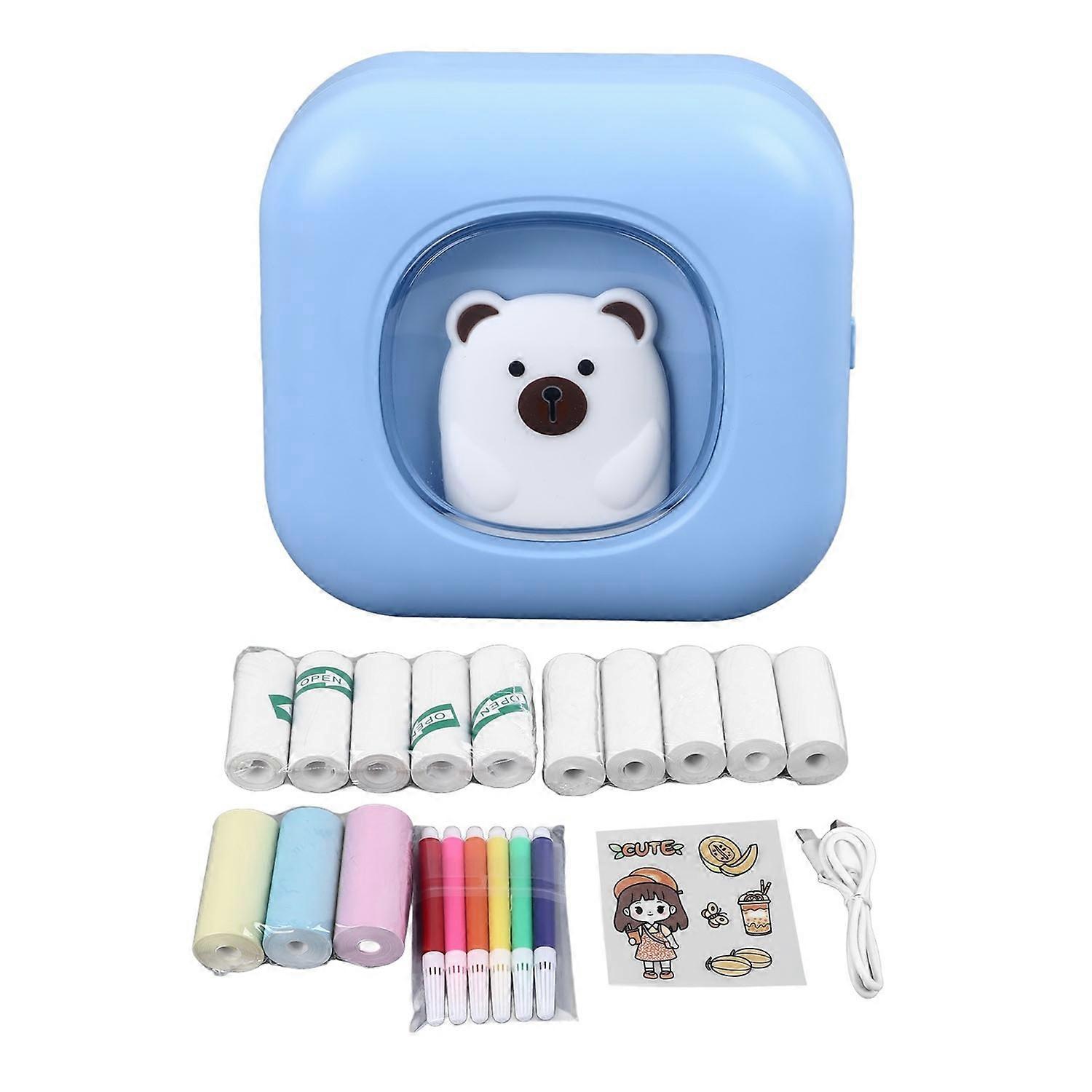Thermal Printer Blue HD BT with 6 Rolls Thermal Paper 3 Rolls Colored Paper 6 Watercolor Pencil Mini