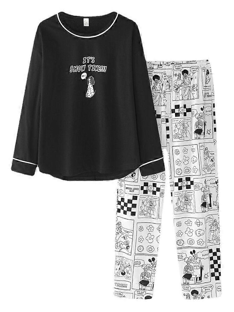 Women's Anime Print Black Pajama Set - Pullover & Elastic Waist Pants