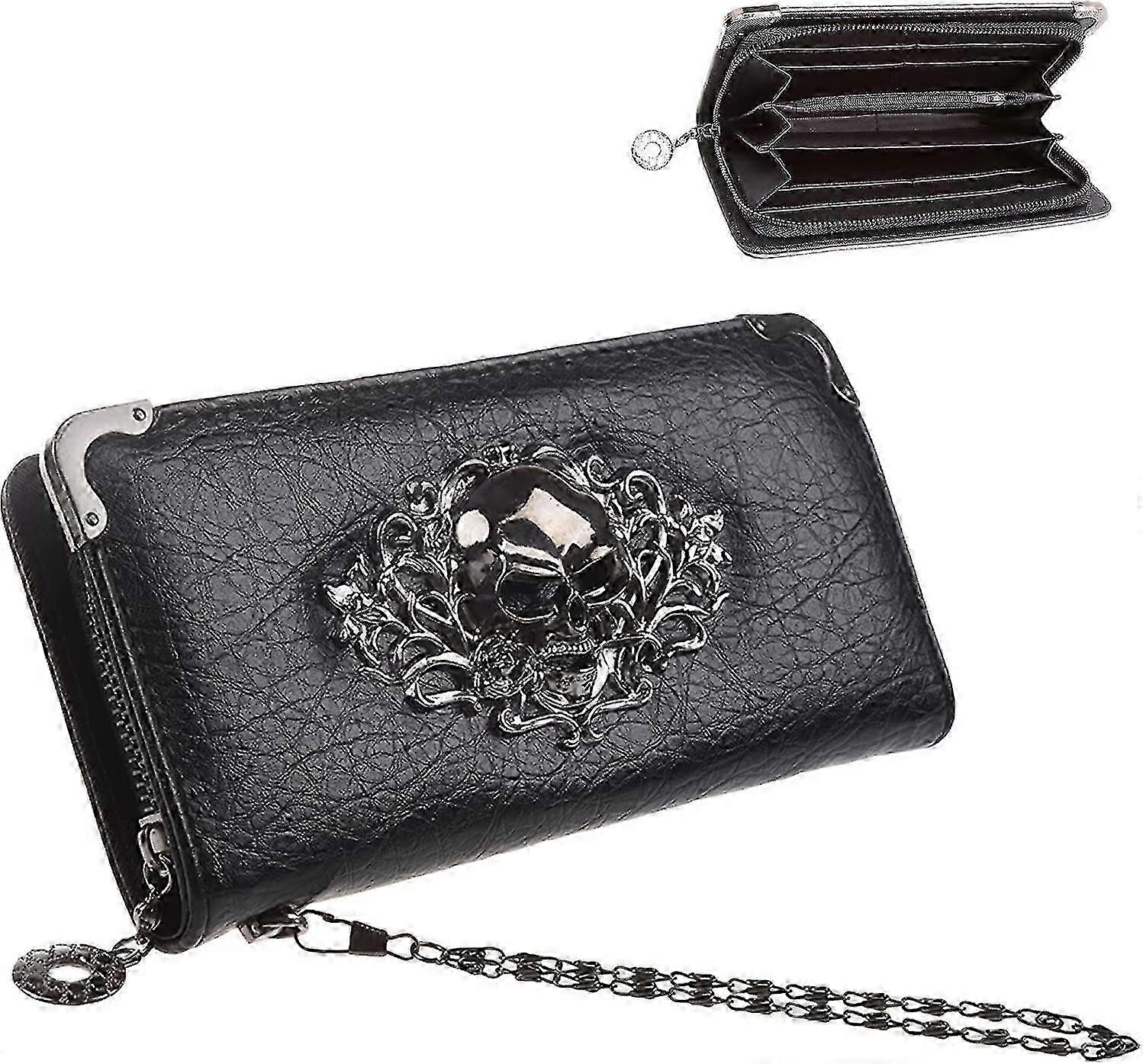 Gothic Skull Clutch for Women Black PU Leather Handbag Gift