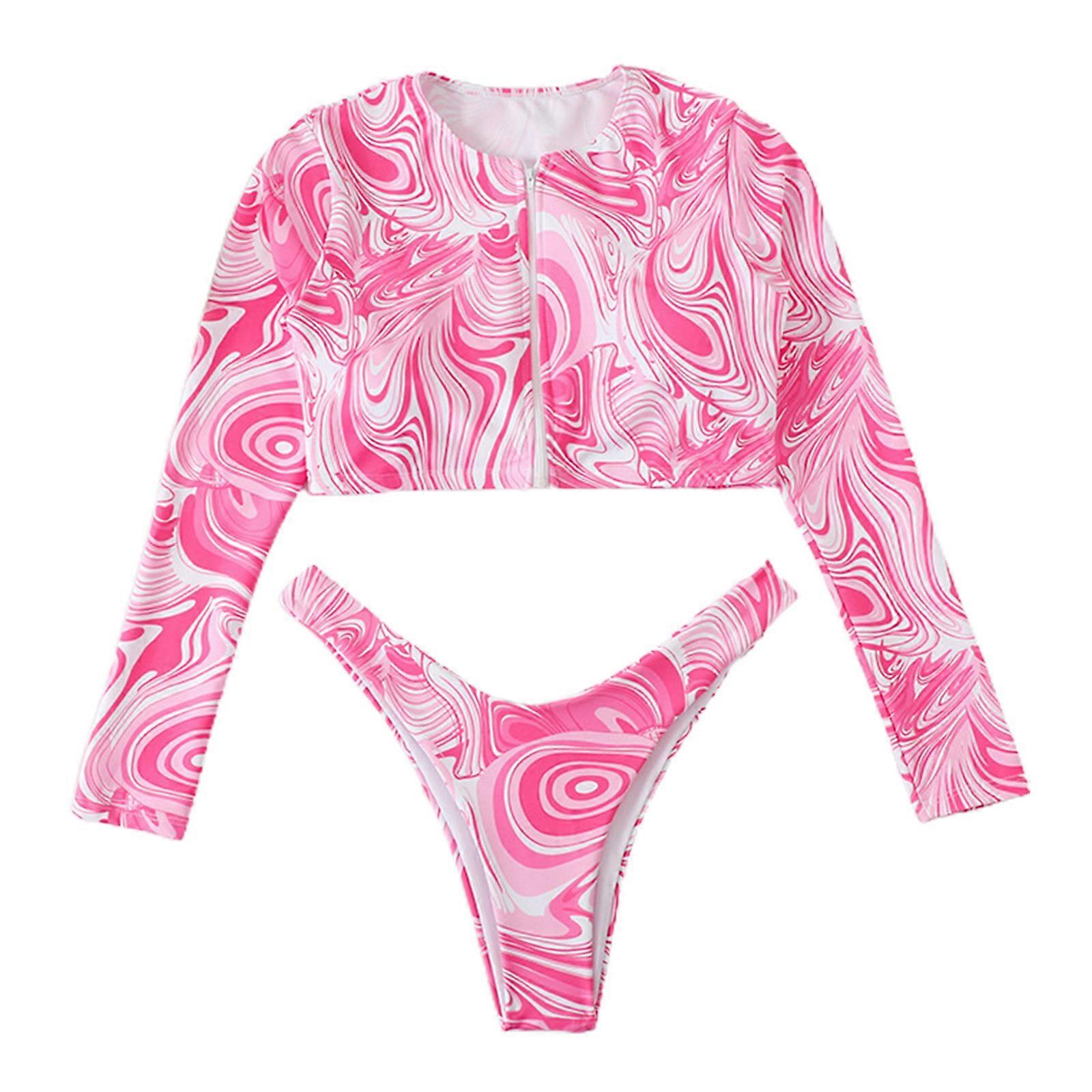 Hög midja Baddräkt Två delar Tryckt Split Långärmad Dragkedja Öppning & Stängning Baddräkt Tryckt Bikini Badkläder Gradient puder XL