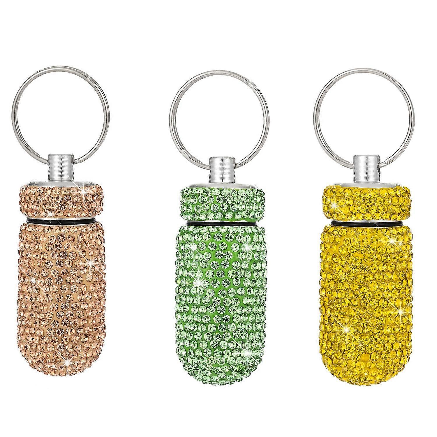3PCS Bling Crystal Rhinestone Pill Case Pill Container Pill Holder with Keychain