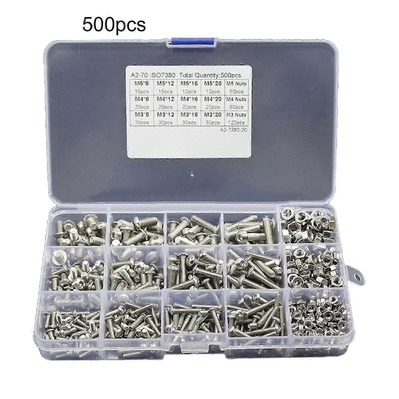 500Pcs M3 M4 M5 Stainless Steel Button Head Hex Socket Cap Bolts Screws Nuts Kit