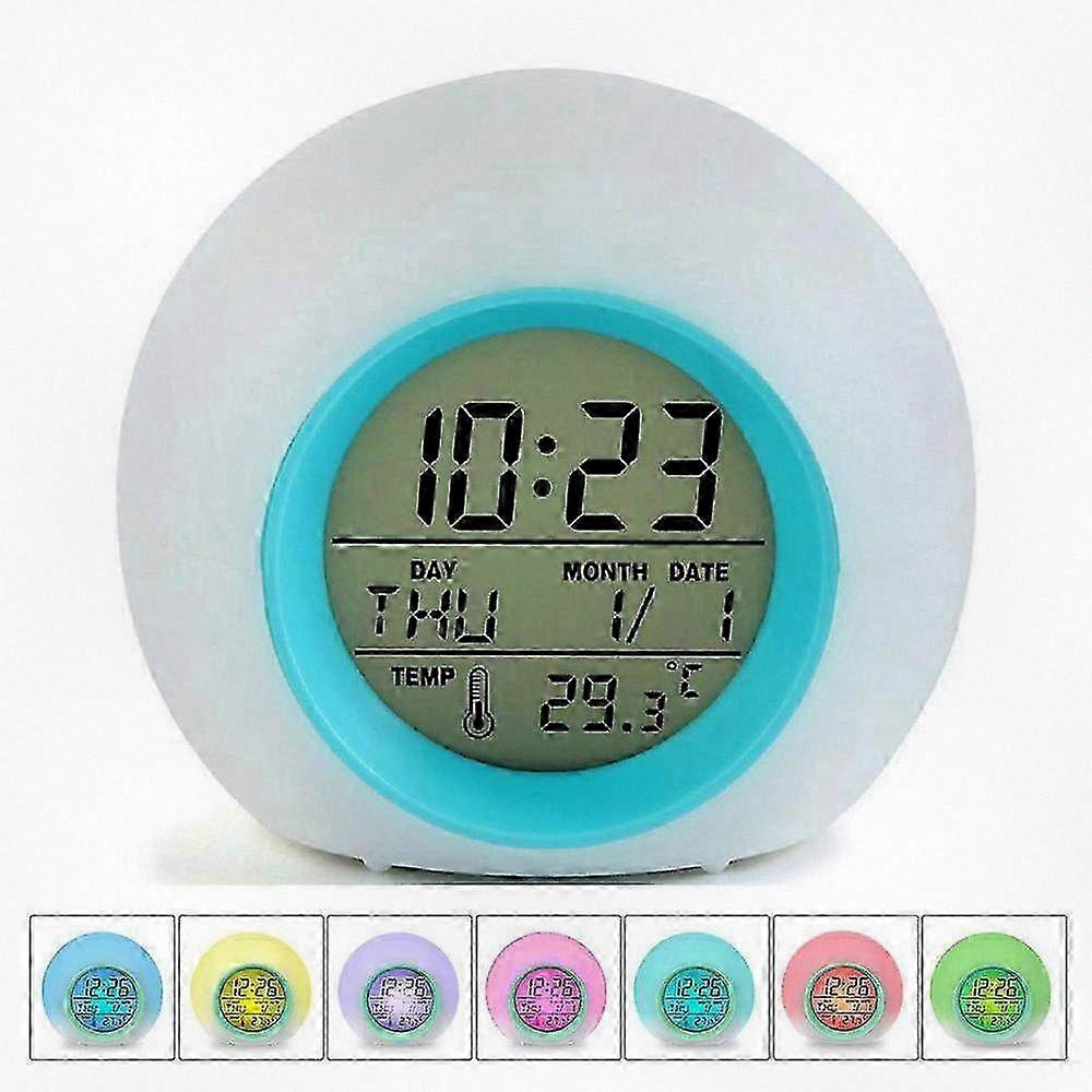 Digital Electronic Alarm Clock with Indoor Temperature Calendar Display and Nature Sounds, Featuring 7 Colors Changing Night Light for Wake 