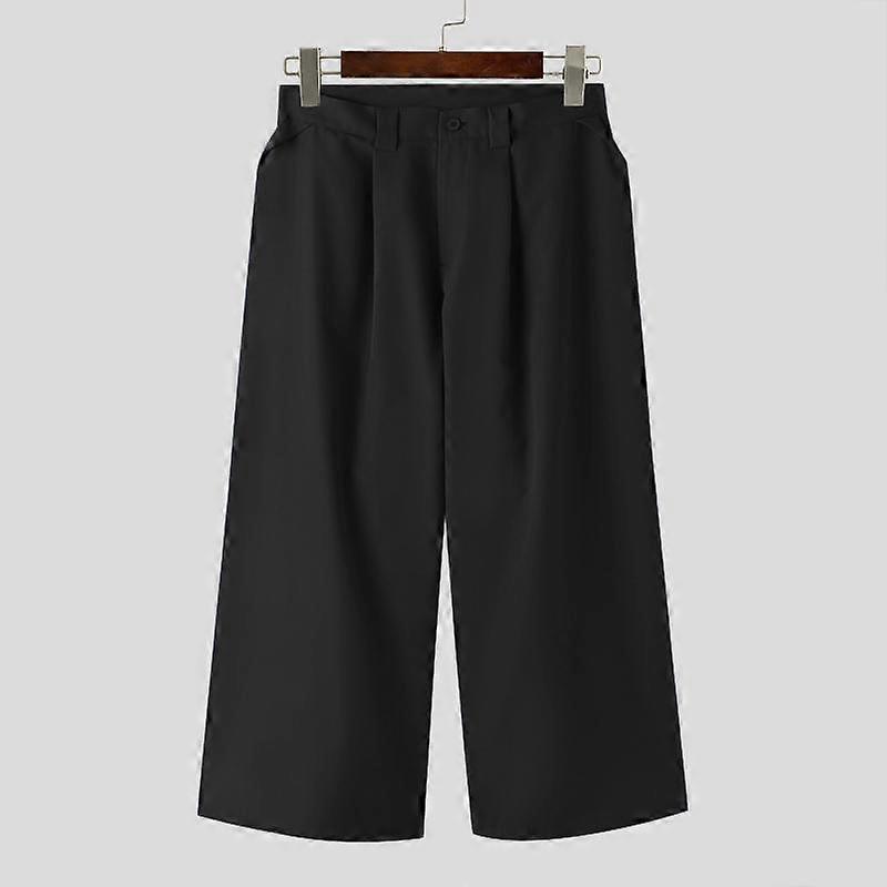 INCERUN Mens High Waist Zipper Solid Long Pants Casual Wide Leg Trousers