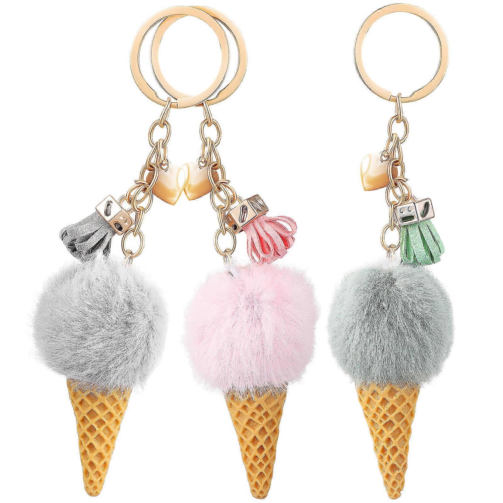 3pcs Plush Ice Cream Keychains Cute Bag Pendant, Lightweight Decorative Keyrings with Soft Texture and Colorful Design for Gift and Accessory Use