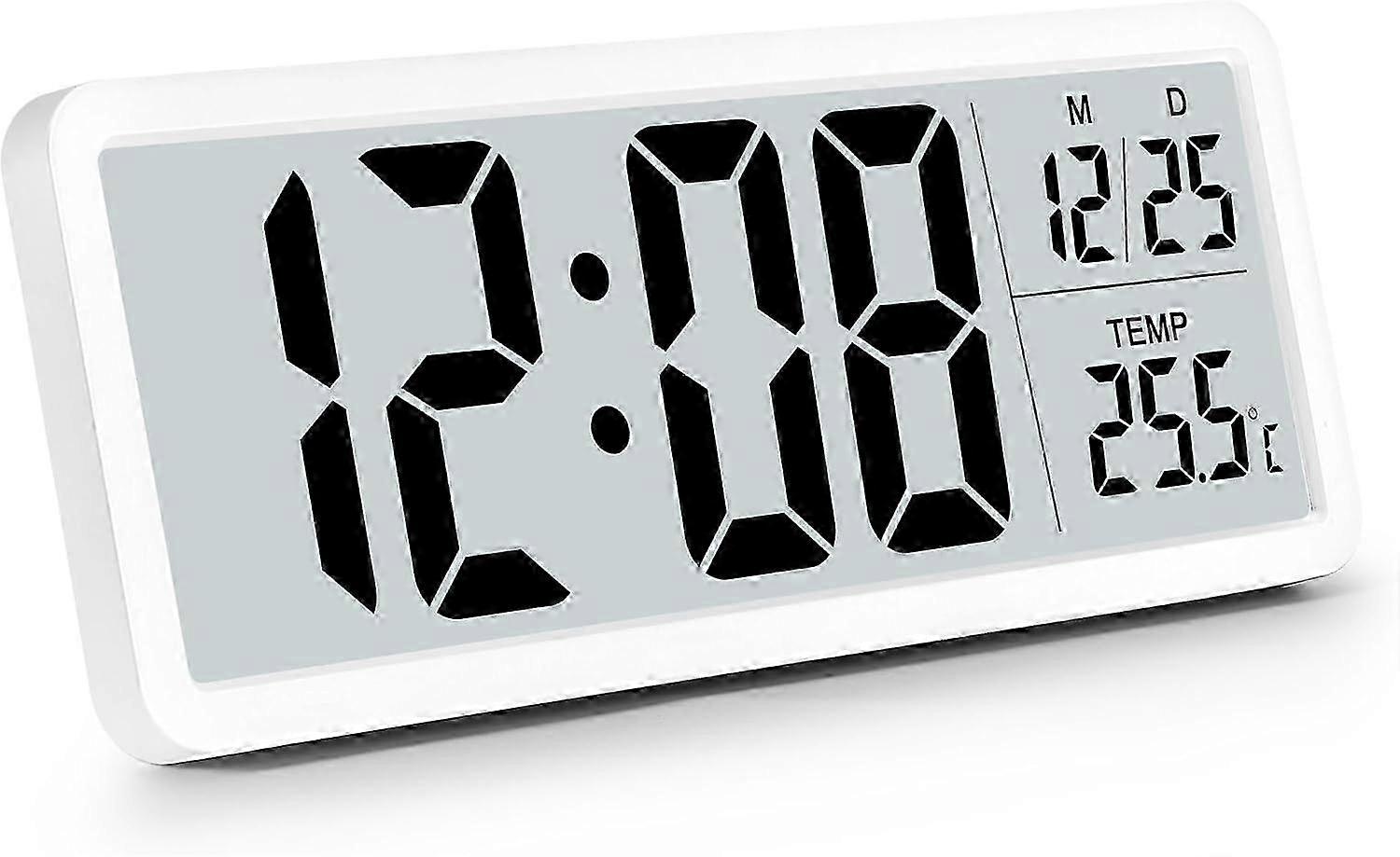 Digital Wall Clock with Large Display, Battery Powered, Temperature & Time, Easy to Read, White