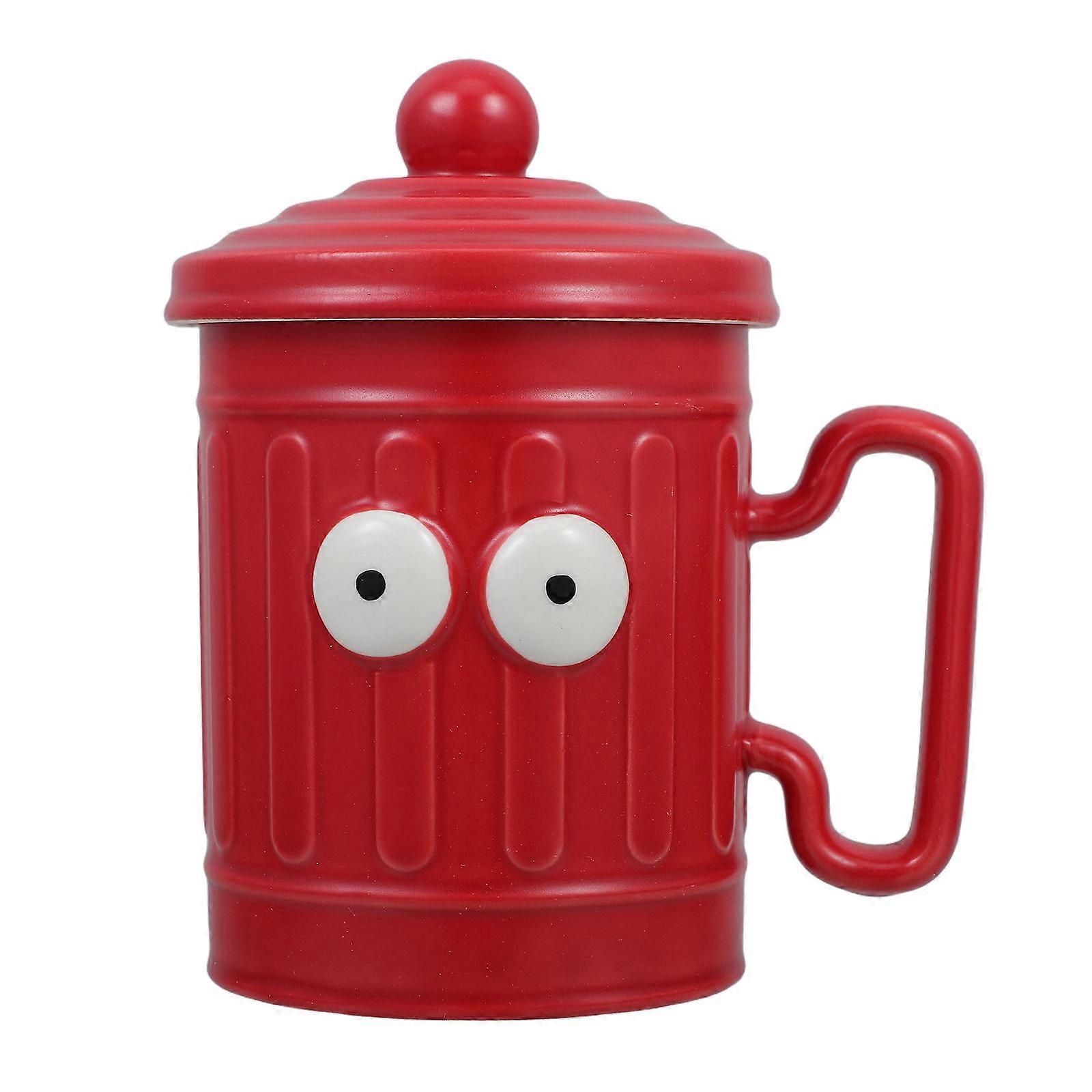 Red Ceramic Mug with Lid for Drinking Creative Trash Can Shape Decorative Water Cup 300 ml