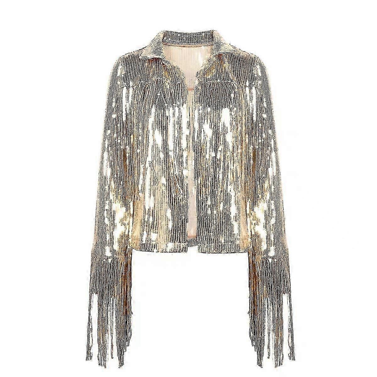 "Women's Sequin Jacket With Tassel, Metallic Shiny Cardigan"