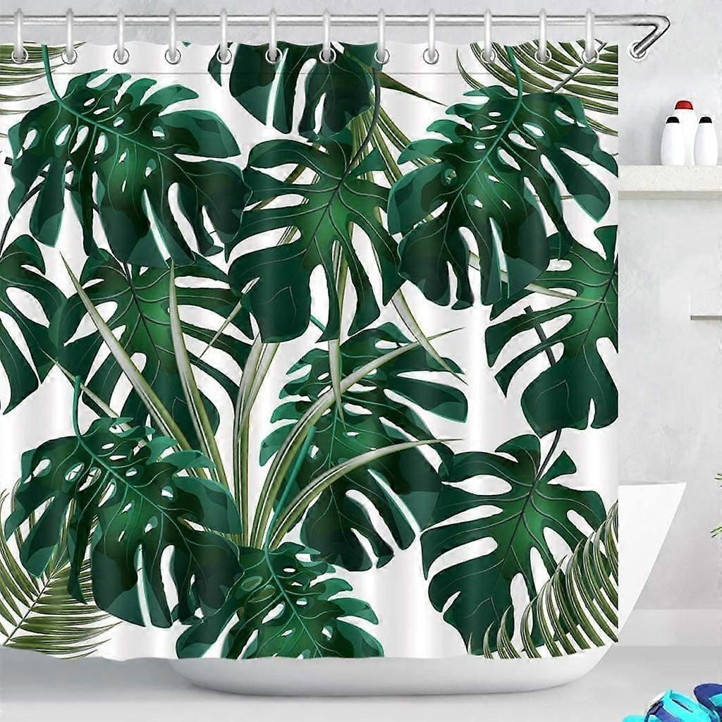 180x200cm Dark Green Monstera Shower Curtain: Polyester, Waterproof – 12 Hooks, Tropical