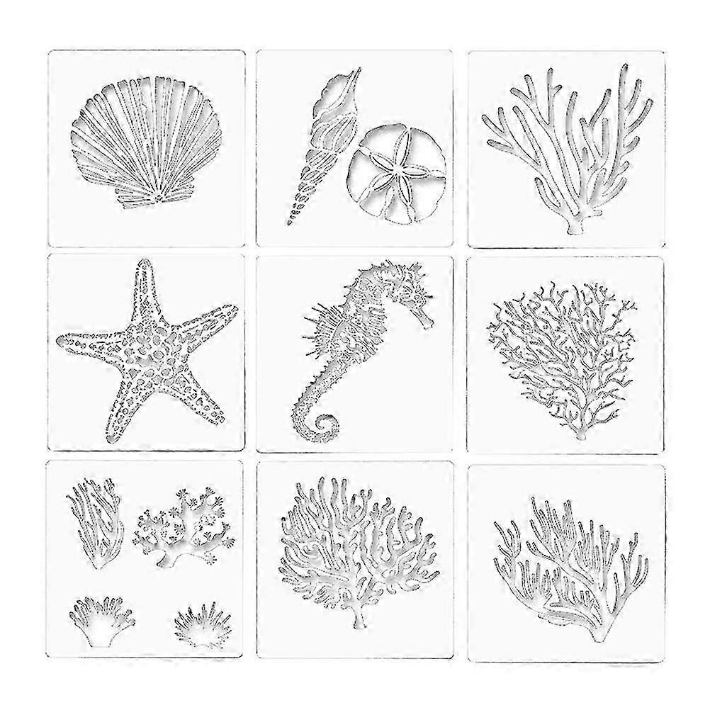 1 Set 9pcs Ocean Series Hollow Out Painting Templates (Transparent)