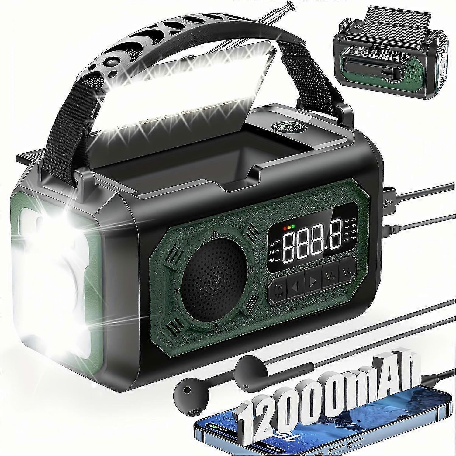 12000mAh Emergency Weather Radio, Hand Crank Radio Solar Radio Portable AM/FM/NOAA Radio with 2 Solar Panels 3 Charging Methods SOS Alarm 3 Mode Flash