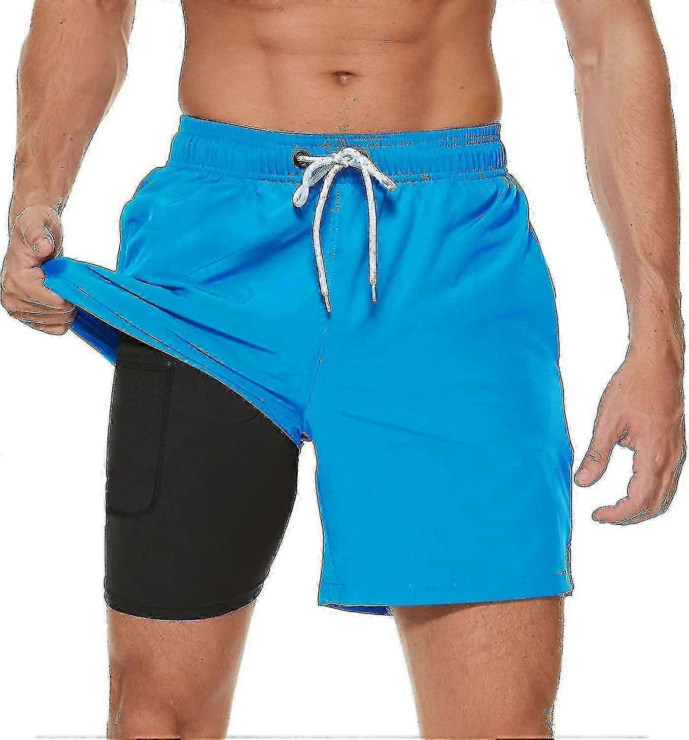 Men's 2 In 1 Quick Dry Swim Shorts With Compression Liner and Zipper Pockets