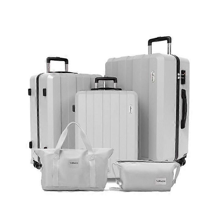 Set van 5 reiskoffers, koffer 75cm-66cm-55cm + opvouwbare reistas + zilveren make-up etui