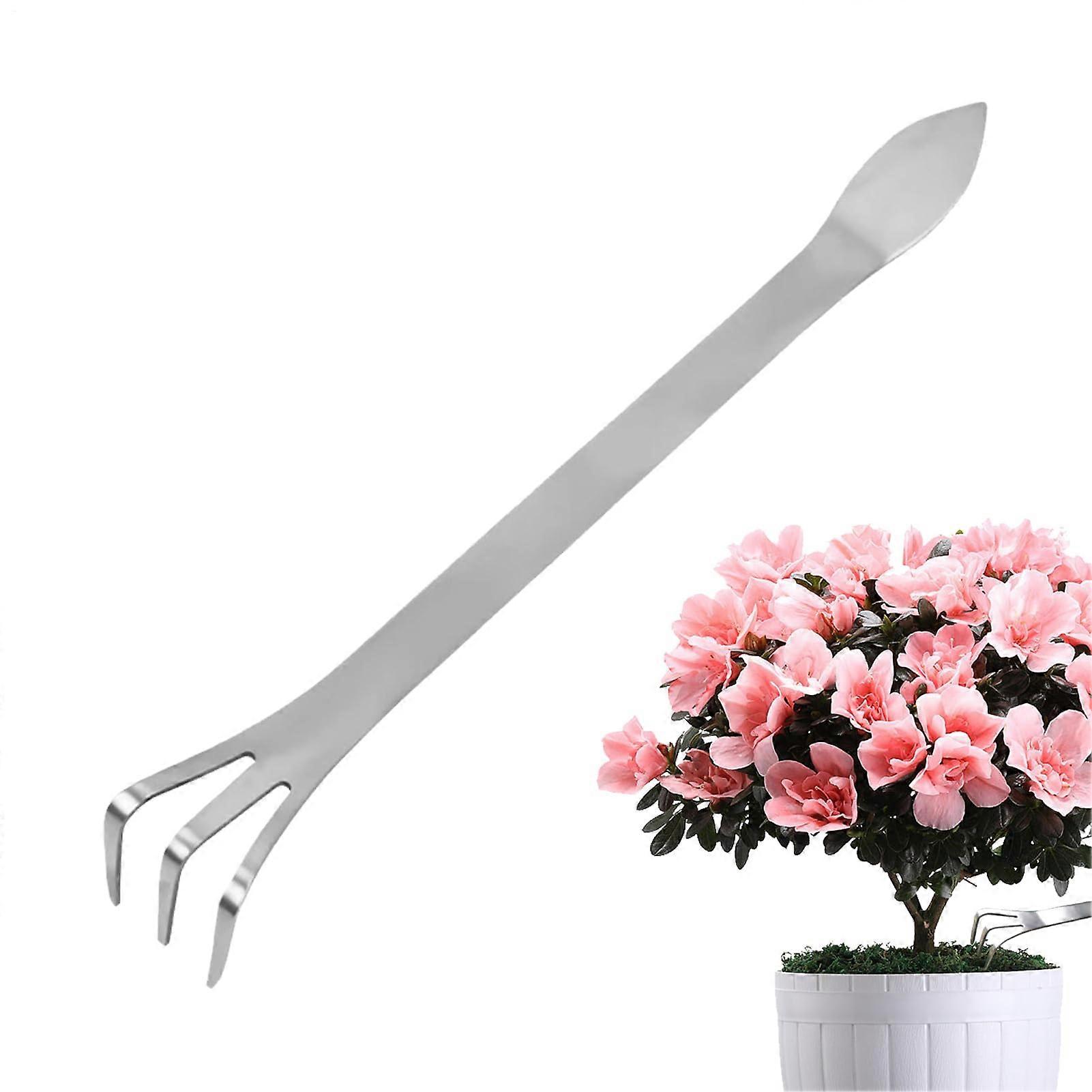 Garden Bonsai Rake Stainless Steel with Ergonomic Handle, Double-Headed Tool for Soil Loosening and Compacting