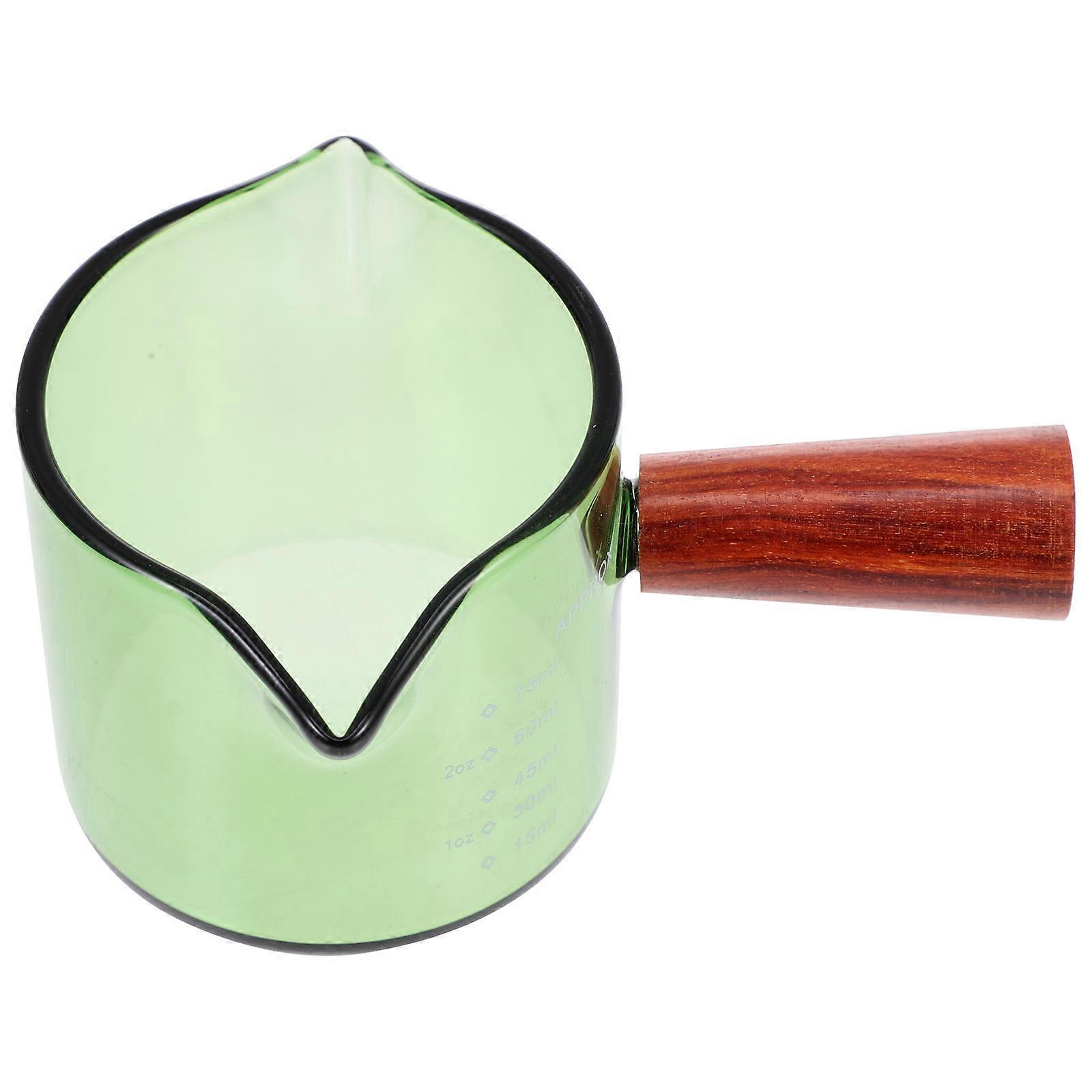 Colored Glass Milk Jug with Wooden Handle and Measurement Scale, Spout Pitcher for Coffee, Latte, Cappuccino, Lightweight and Easy to Clean for Home
