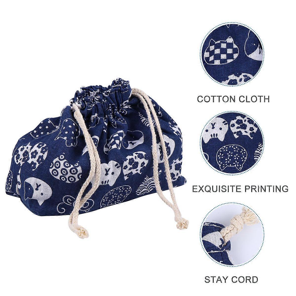 Blue Japanese Style Lunch Bag with Cotton & Hemp Drawstring – Lightweight, Portable, Versatile for Work, Picnics, and Shopping