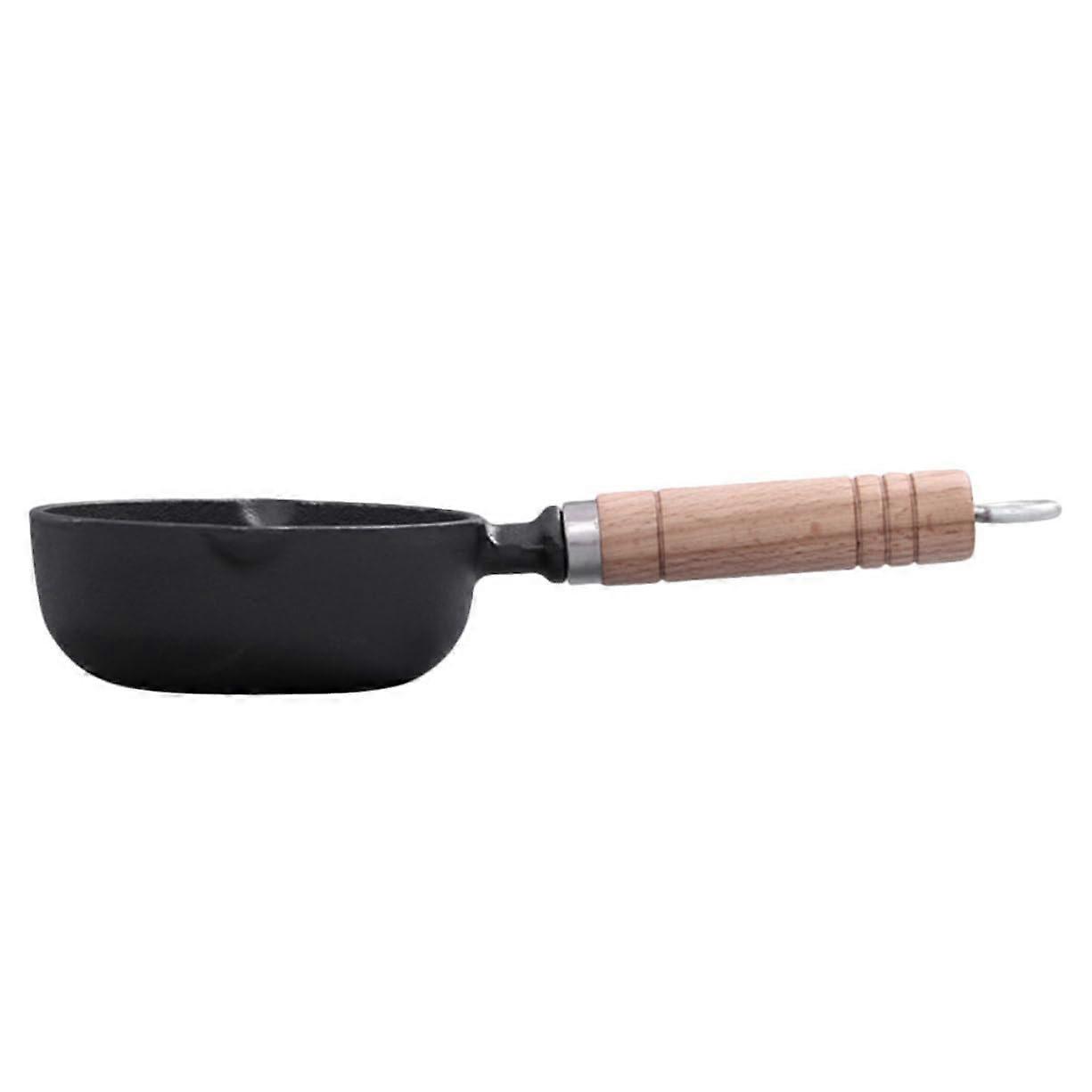 Small Cast Iron Oil Pot with Spout Milk and Butter Melting Pot for Kitchen Eggs and Sauces Robust Pot with Wooden Handle