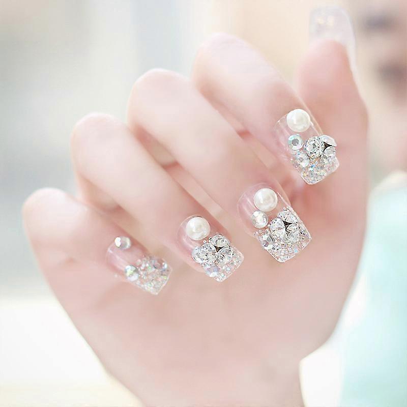 24 Pcs Shining Rhinestone False Nails Transparent Pearl Decor Square Full Short