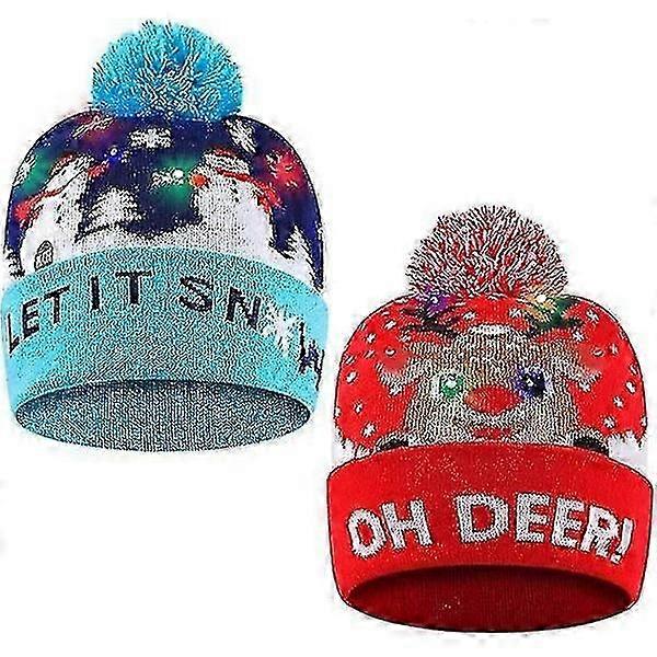 Luminous Christmas Hat, LED Christmas Hats with Lights, Reindeer Patterned Flashing Christmas Hat Knitted Hat (Red+Blue)
