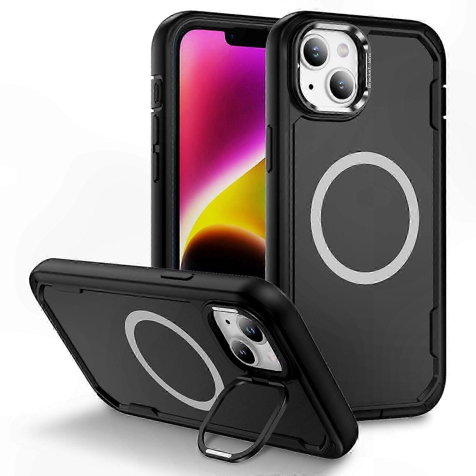 Durable TPU PC Hybrid Case with Built-in Lens Frame and Stand for 14/13 - MagSafe-Compatible Phone Cover