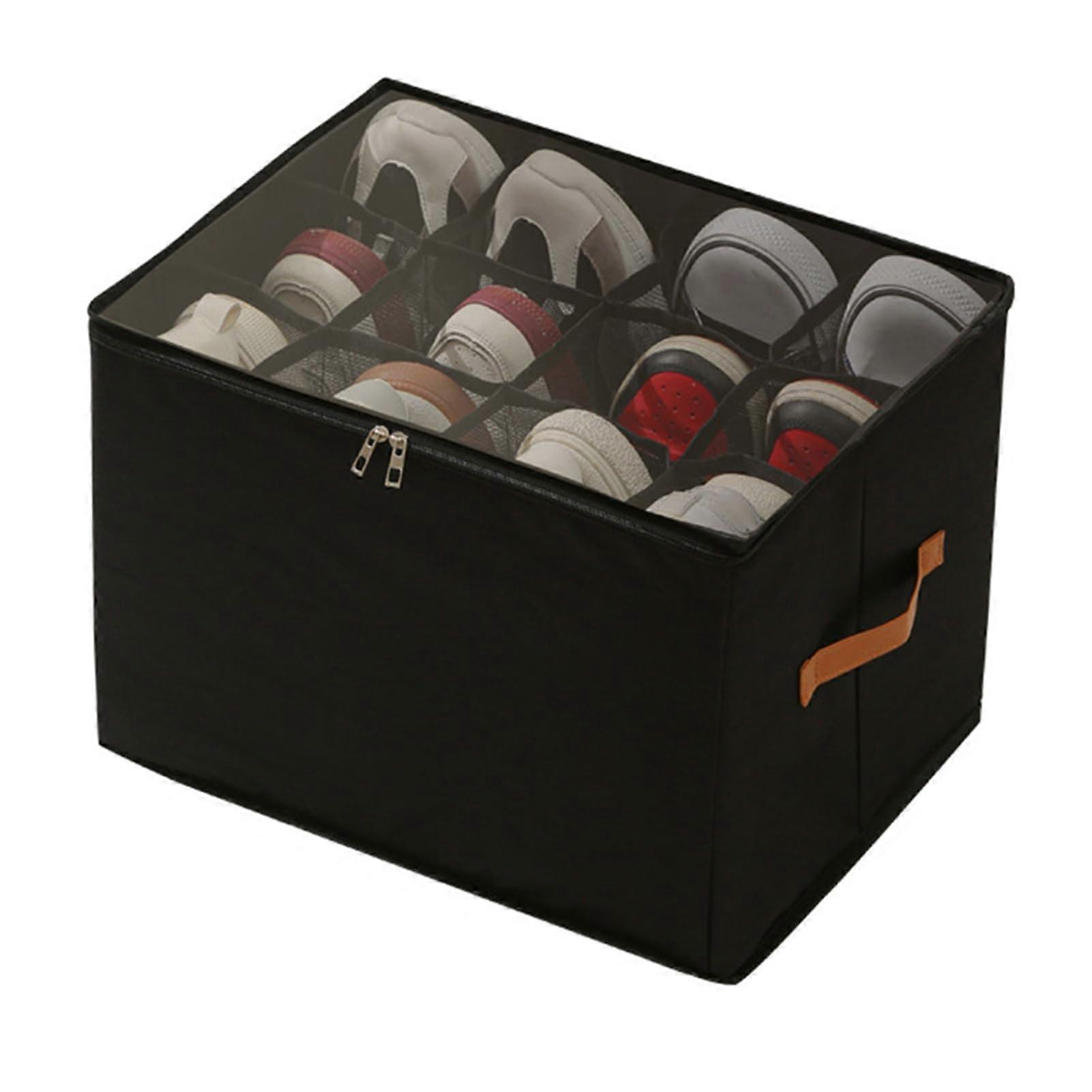 Foldable Shoe Storage Solution Box Transparent Cover Zipper Closure Large Capacity Multiple Compartments Stackable Black