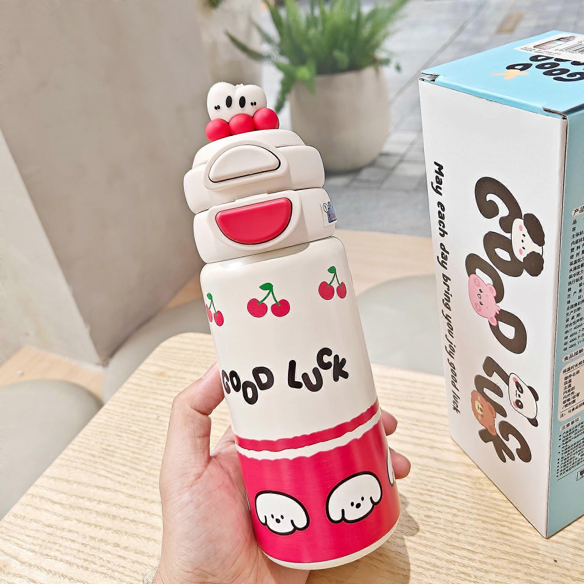 Cute cartoon doll thermos cup with one-touch flip lid and straw for drinking directly, dual-purpose vacuum cup for students