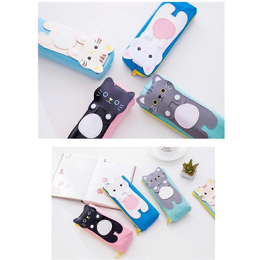 Cat Pattern Pen Bag for School Use 4Pcs Canvas Pencil Pouch Holder