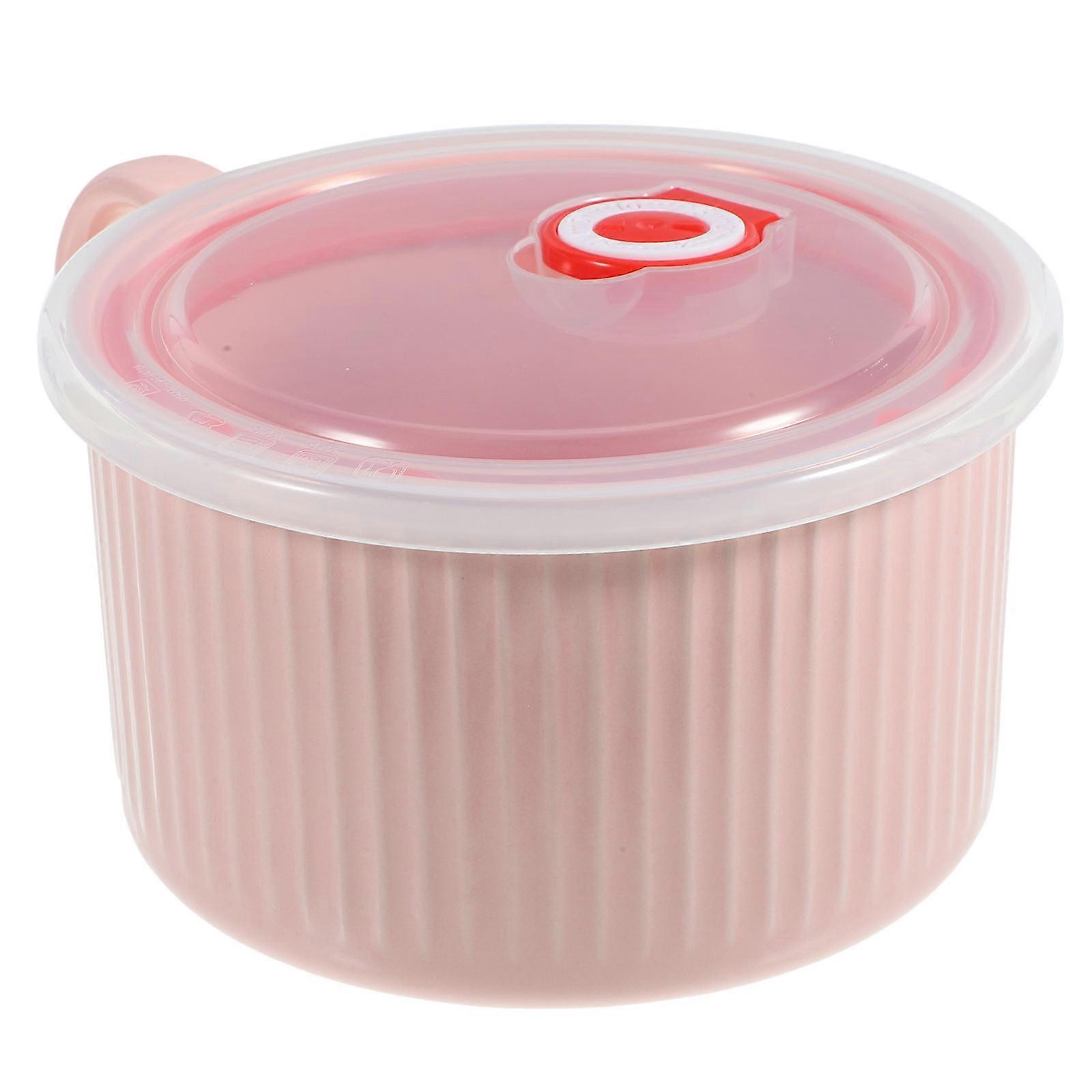 Pink Ceramic Noodle Bowl with Lid and Handle for Storage 1 Piece