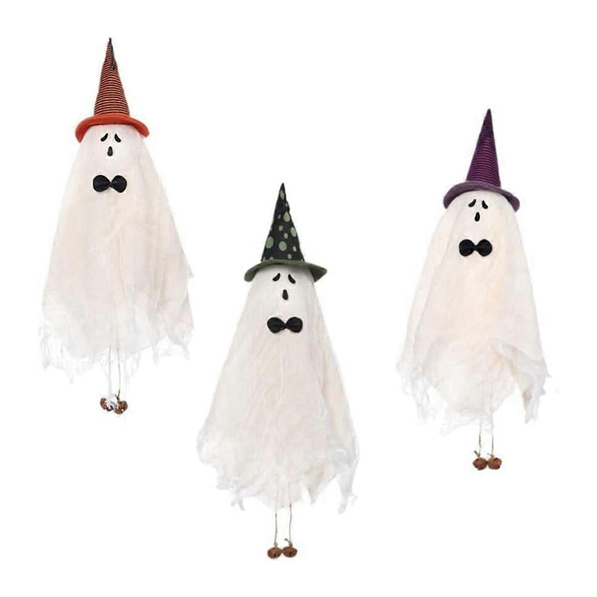 3PCS Halloween Hanging Ghosts with Green//Orange Witch Hat