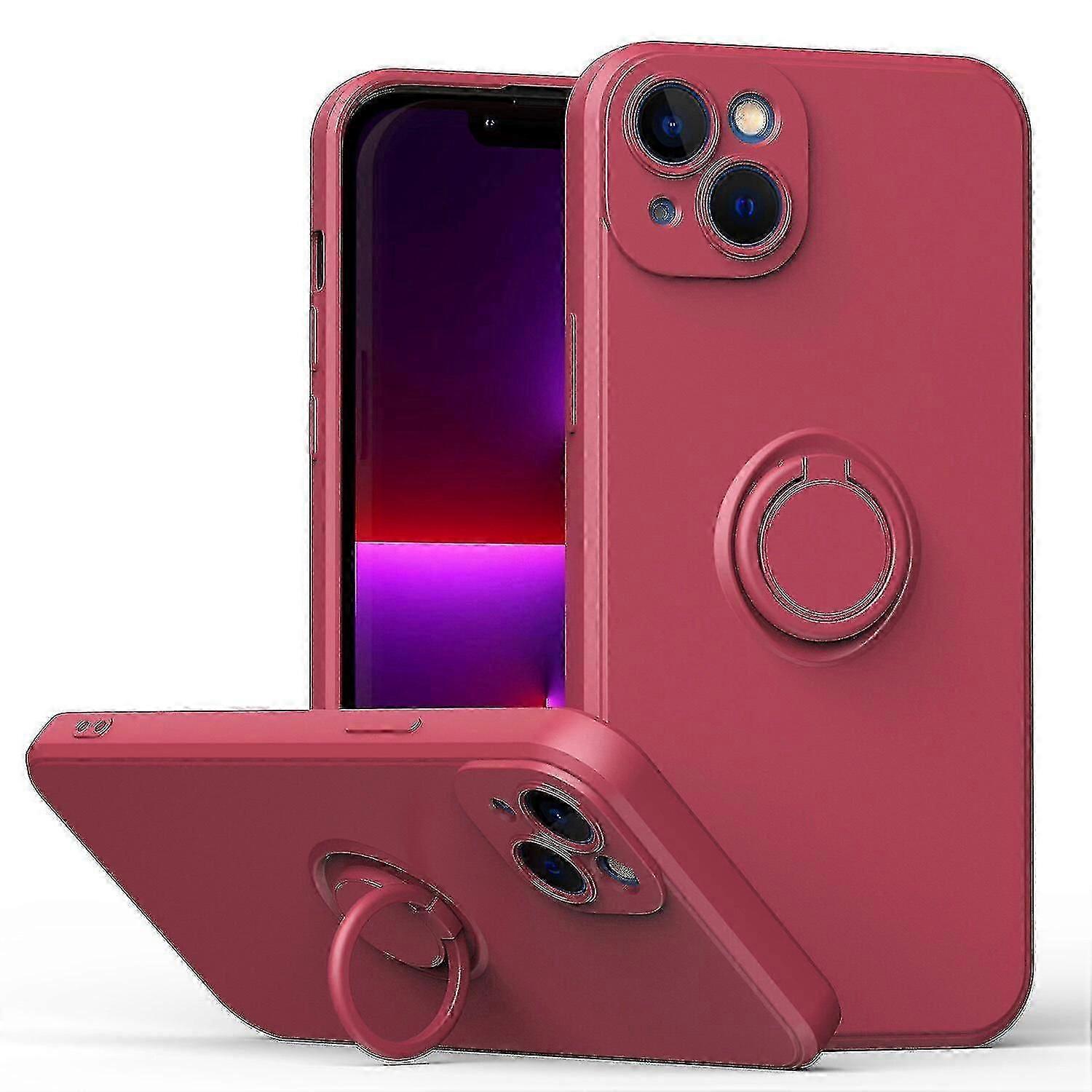 Simple Color Phone Case For Iphone 14 With Ring Stand, Metal Plate For Magnetic Charging, Shock Absorption Design, 360 Rotating Stand