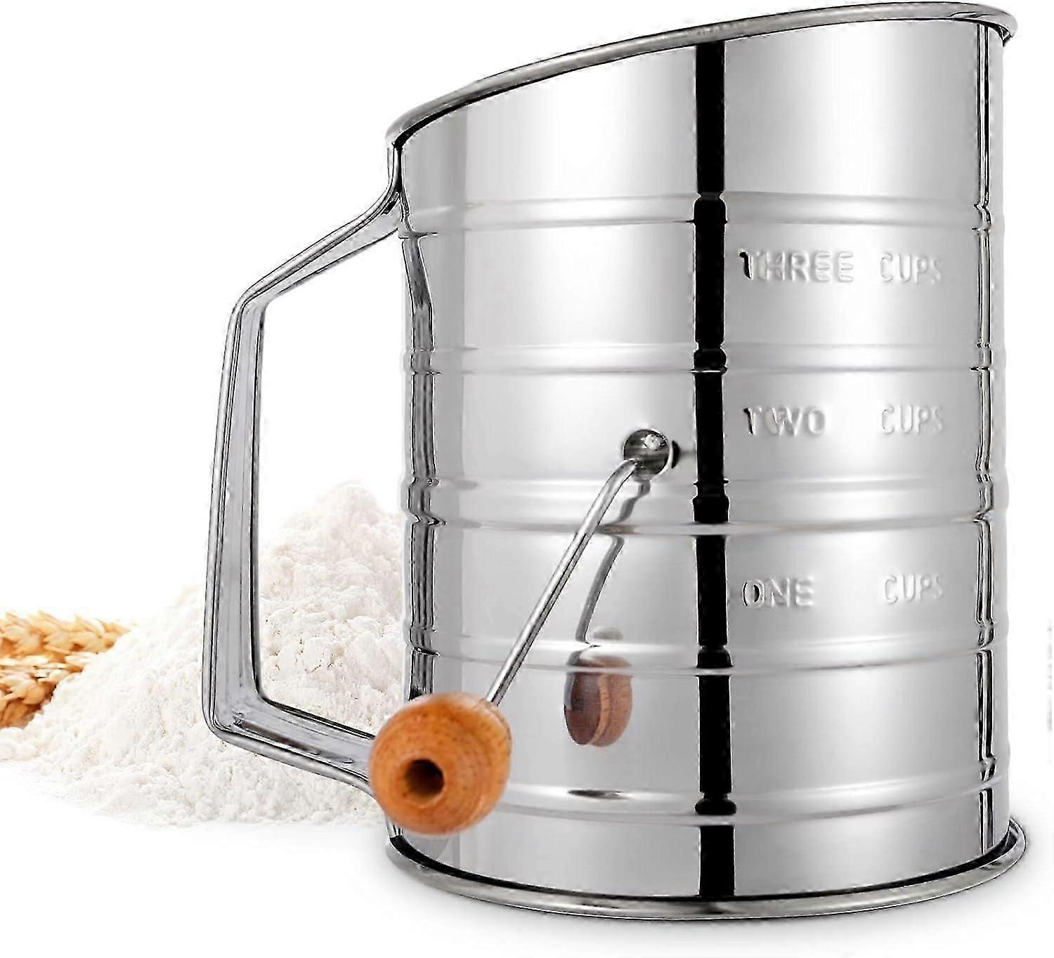 Flour Sifter, 3 Cup Flour Sifter for Baking Fine Mesh Rotating Hand Crank with Ring Agitator for Quick Sifting, Stainless Steel Flour Sifter, Crank to