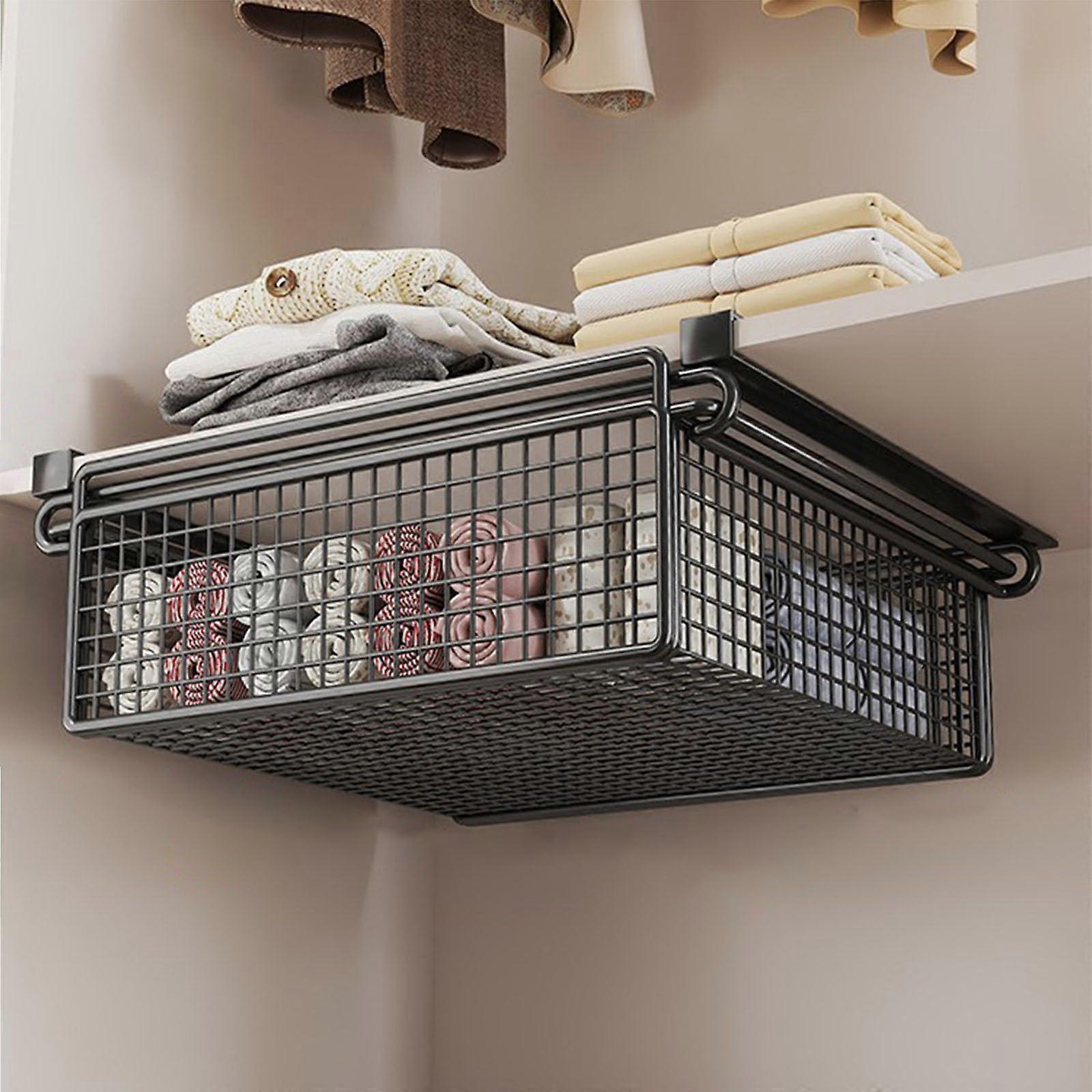 Hanging Pullout Drawer, Metal UnderShelf Storage Basket, PullOut Clothing Organizer, Black