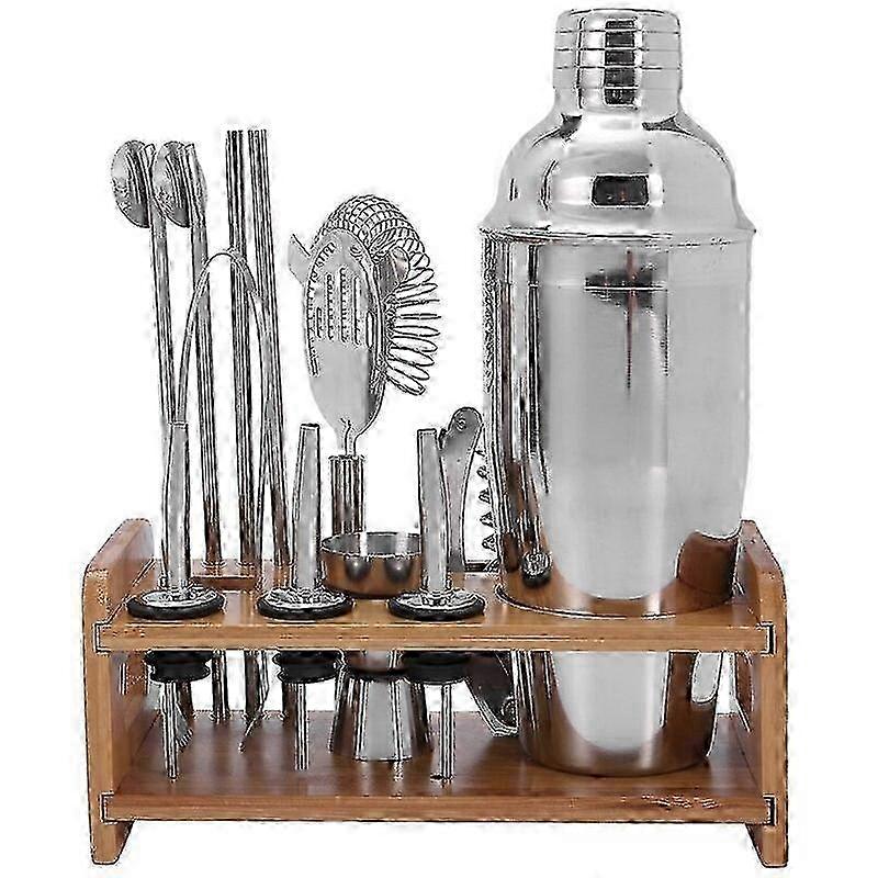 750ML Stainless Bar Cocktail Shaker Set Barware Set With Bamboo Stand Bar Tool Set