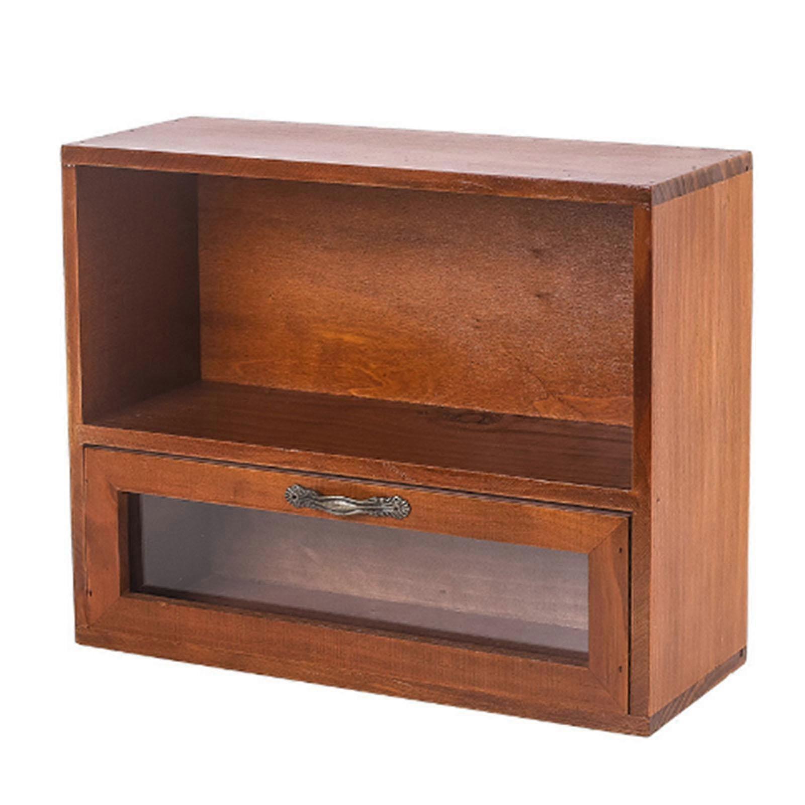 Desktop Storage Box with Drawer and Open Cabinet Wooden Retro Desk Organizer for Office Bedroom