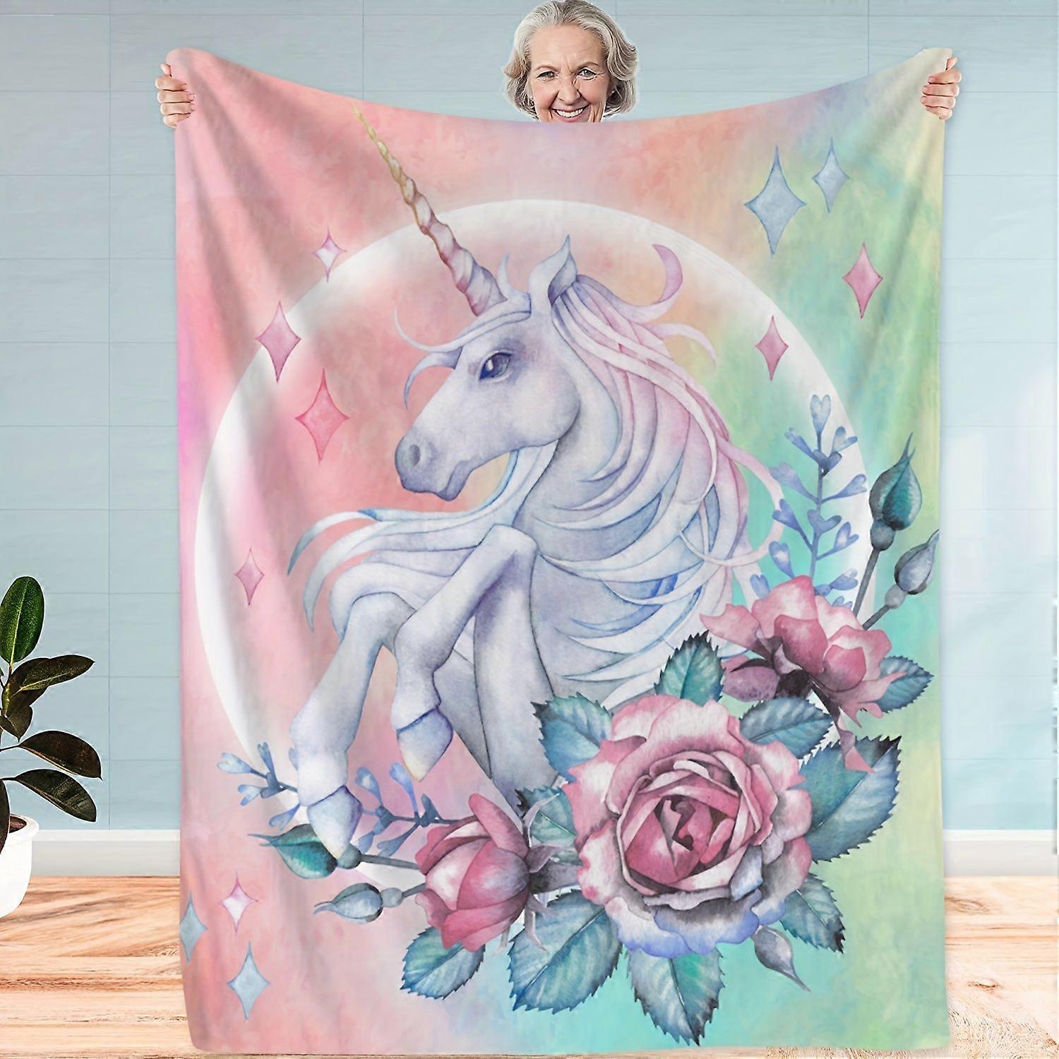 1pc Unicorn Flower Print Blanket, Flannel Blanket, Soft Warm Throw Blanket Nap Blanket For Couch Sofa Office Bed Office -edcvb135